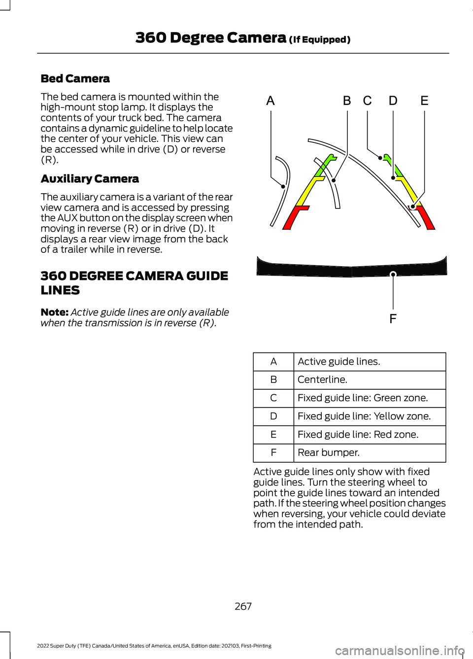 FORD F-350 2022  Owners Manual Bed Camera
The bed camera is mounted within the
high-mount stop lamp. It displays the
contents of your truck bed. The camera
contains a dynamic guideline to help locate
the center of your vehicle. Thi
