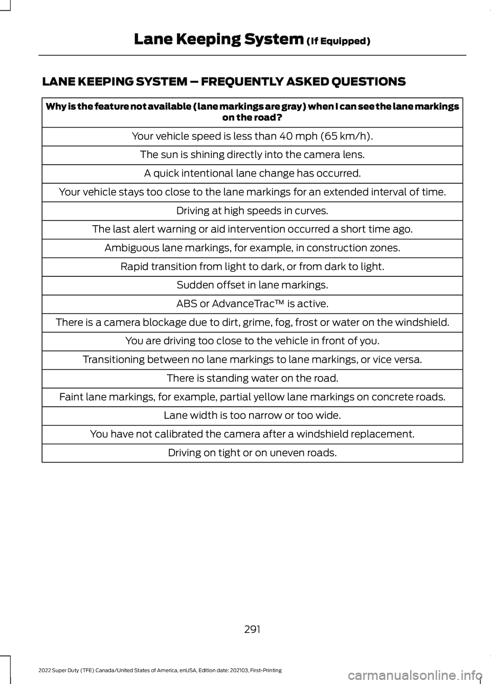 FORD F-350 2022 Owners Manual LANE KEEPING SYSTEM – FREQUENTLY ASKED QUESTIONS
Why is the feature not available (lane markings are gray) when I can see the lane markings
on the road?
Your vehicle speed is less than 40 mph (65 km FORD F-350 2022 Owners Manual LANE KEEPING SYSTEM – FREQUENTLY ASKED QUESTIONS
Why is the feature not available (lane markings are gray) when I can see the lane markings
on the road?
Your vehicle speed is less than 40 mph (65 km