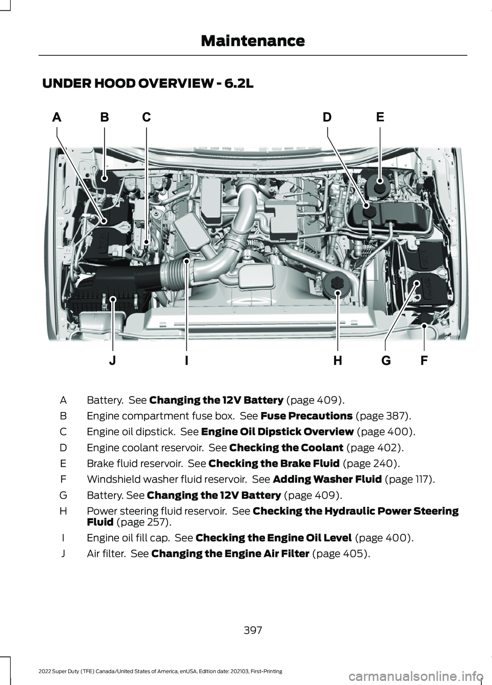 FORD F-350 2022  Owners Manual UNDER HOOD OVERVIEW - 6.2L
Battery.  See Changing the 12V Battery (page 409).
A
Engine compartment fuse box.  See 
Fuse Precautions (page 387).
B
Engine oil dipstick.  See 
Engine Oil Dipstick Overvie