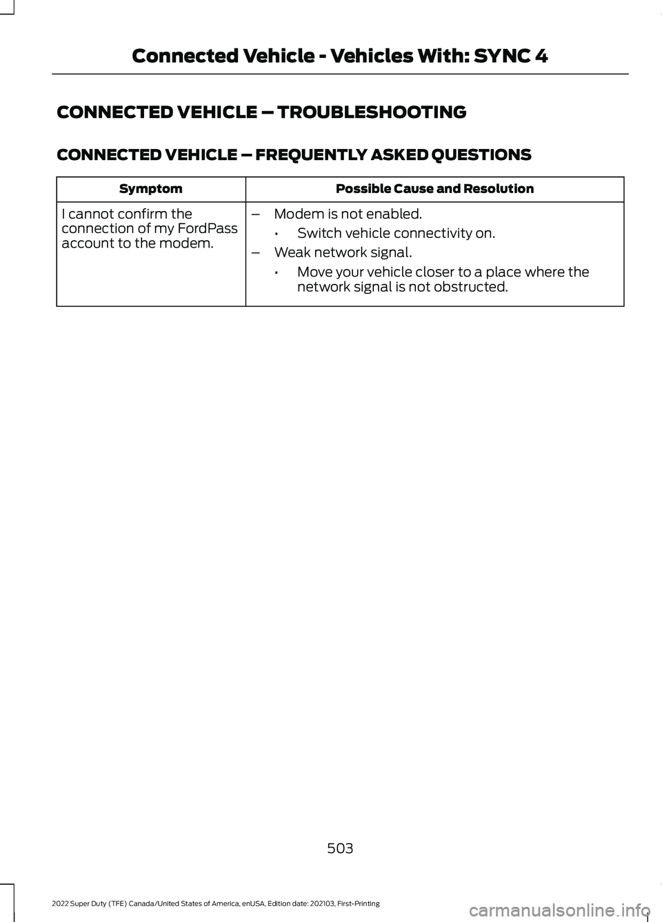 FORD F-350 2022 Owners Manual CONNECTED VEHICLE – TROUBLESHOOTING
CONNECTED VEHICLE – FREQUENTLY ASKED QUESTIONS
Possible Cause and Resolution
Symptom
I cannot confirm the
connection of my FordPass
account to the modem. –
Mo FORD F-350 2022 Owners Manual CONNECTED VEHICLE – TROUBLESHOOTING
CONNECTED VEHICLE – FREQUENTLY ASKED QUESTIONS
Possible Cause and Resolution
Symptom
I cannot confirm the
connection of my FordPass
account to the modem. –
Mo