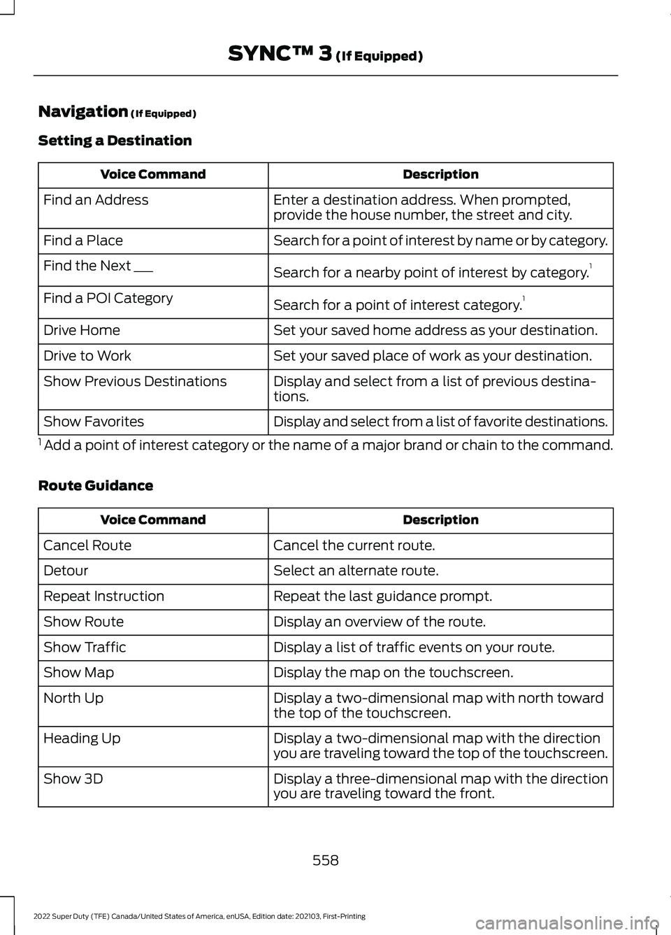 FORD F-350 2022 Owners Manual Navigation (If Equipped)
Setting a Destination Description
Voice Command
Enter a destination address. When prompted,
provide the house number, the street and city.
Find an Address
Search for a point o FORD F-350 2022 Owners Manual Navigation (If Equipped)
Setting a Destination Description
Voice Command
Enter a destination address. When prompted,
provide the house number, the street and city.
Find an Address
Search for a point o