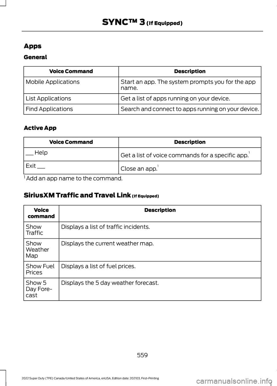 FORD F-350 2022 Owners Manual Apps
General
Description
Voice Command
Start an app. The system prompts you for the app
name.
Mobile Applications
Get a list of apps running on your device.
List Applications
Search and connect to app FORD F-350 2022 Owners Manual Apps
General
Description
Voice Command
Start an app. The system prompts you for the app
name.
Mobile Applications
Get a list of apps running on your device.
List Applications
Search and connect to app