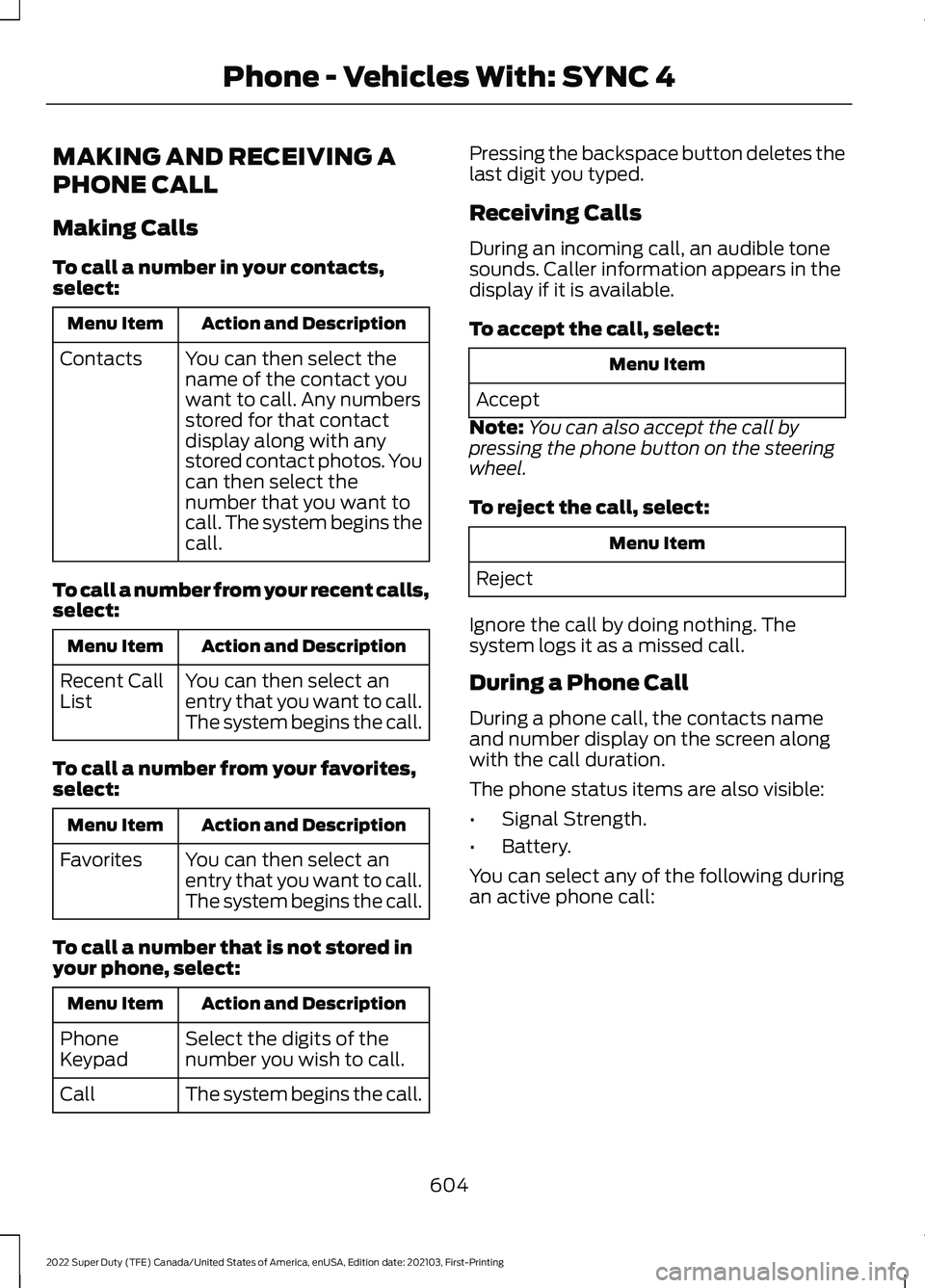 FORD F-350 2022 Owners Manual MAKING AND RECEIVING A
PHONE CALL
Making Calls
To call a number in your contacts,
select:
Action and Description
Menu Item
You can then select the
name of the contact you
want to call. Any numbers
sto FORD F-350 2022 Owners Manual MAKING AND RECEIVING A
PHONE CALL
Making Calls
To call a number in your contacts,
select:
Action and Description
Menu Item
You can then select the
name of the contact you
want to call. Any numbers
sto