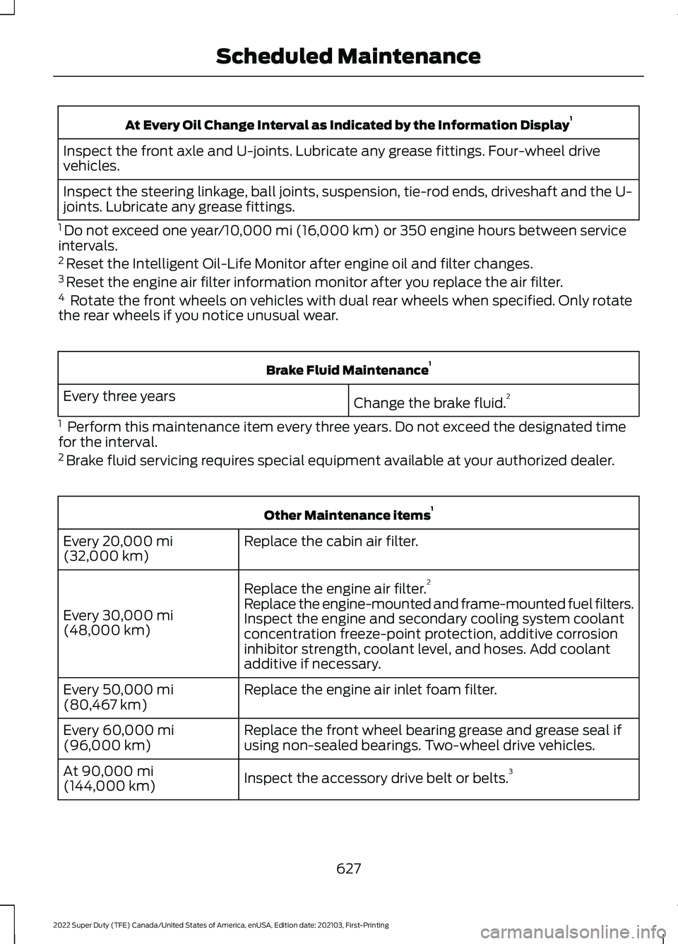 FORD F-350 2022  Owners Manual At Every Oil Change Interval as Indicated by the Information Display
1
Inspect the front axle and U-joints. Lubricate any grease fittings. Four-wheel drive
vehicles.
Inspect the steering linkage, ball