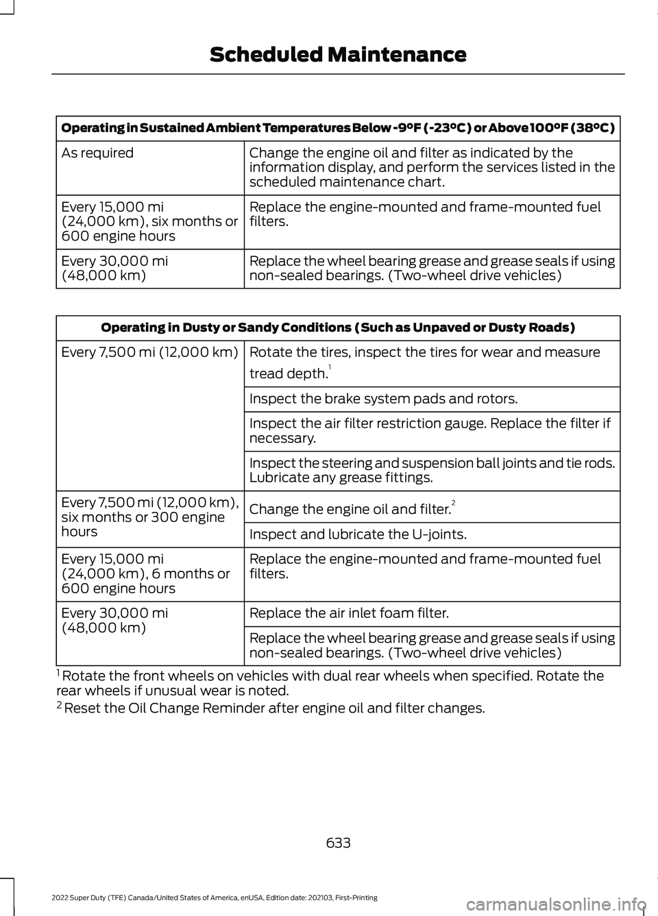 FORD F-350 2022 Owners Manual Operating in Sustained Ambient Temperatures Below -9°F (-23°C) or Above 100°F (38°C)
Change the engine oil and filter as indicated by the
information display, and perform the services listed in th FORD F-350 2022 Owners Manual Operating in Sustained Ambient Temperatures Below -9°F (-23°C) or Above 100°F (38°C)
Change the engine oil and filter as indicated by the
information display, and perform the services listed in th