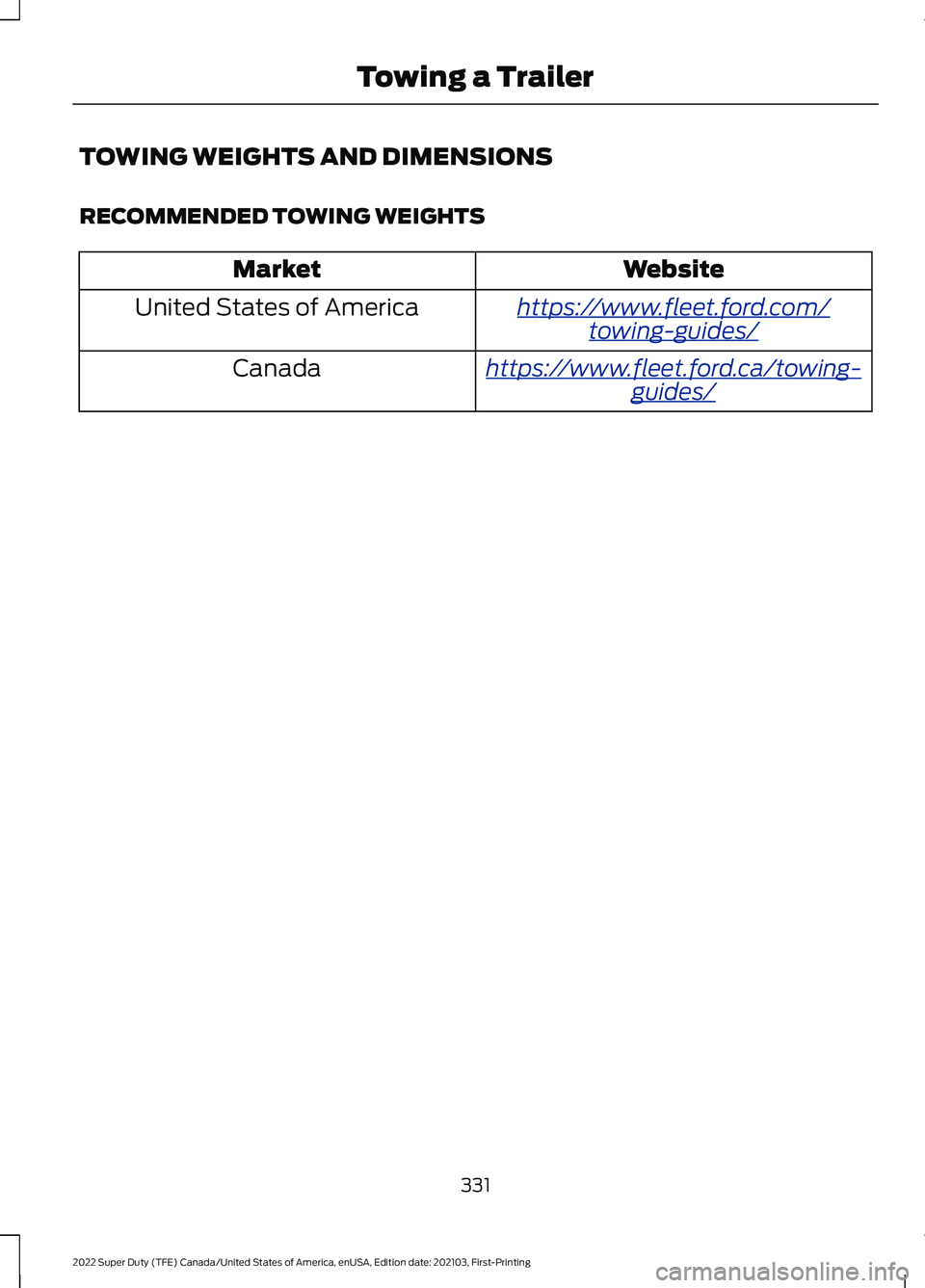 FORD F-450 2022  Owners Manual TOWING WEIGHTS AND DIMENSIONS
RECOMMENDED TOWING WEIGHTS
Website
Market
ht tp s:/ / www .fl e e t.f or d . c om/
t o wing-g uide s/United States of America
ht tp s:/ / www .fl e e t.f or d . c a/ t o 