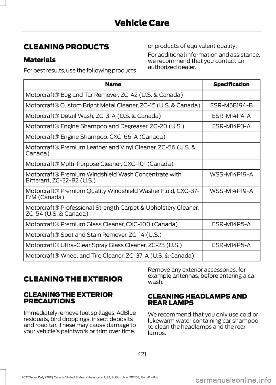 FORD F-450 2022  Owners Manual CLEANING PRODUCTS
Materials
For best results, use the following products
or products of equivalent quality:
For additional information and assistance,
we recommend that you contact an
authorized deale