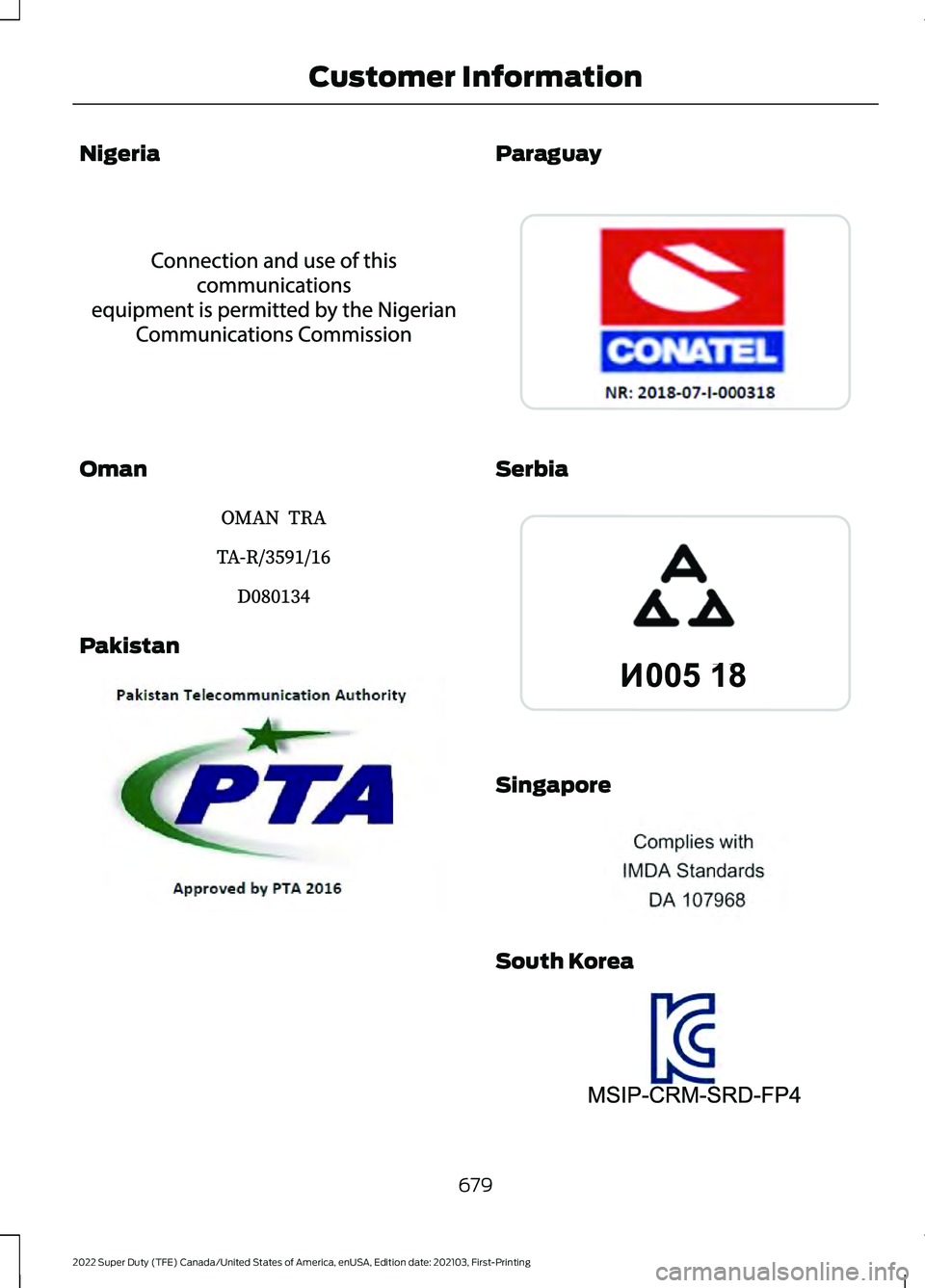 FORD F-450 2022 Owners Manual Nigeria
Oman
Pakistan Paraguay
Serbia
Singapore
South Korea
679
2022 Super Duty (TFE) Canada/United States of America, enUSA, Edition date: 202103, First-Printing Customer InformationE337972 E337973 FORD F-450 2022 Owners Manual Nigeria
Oman
Pakistan Paraguay
Serbia
Singapore
South Korea
679
2022 Super Duty (TFE) Canada/United States of America, enUSA, Edition date: 202103, First-Printing Customer InformationE337972 E337973