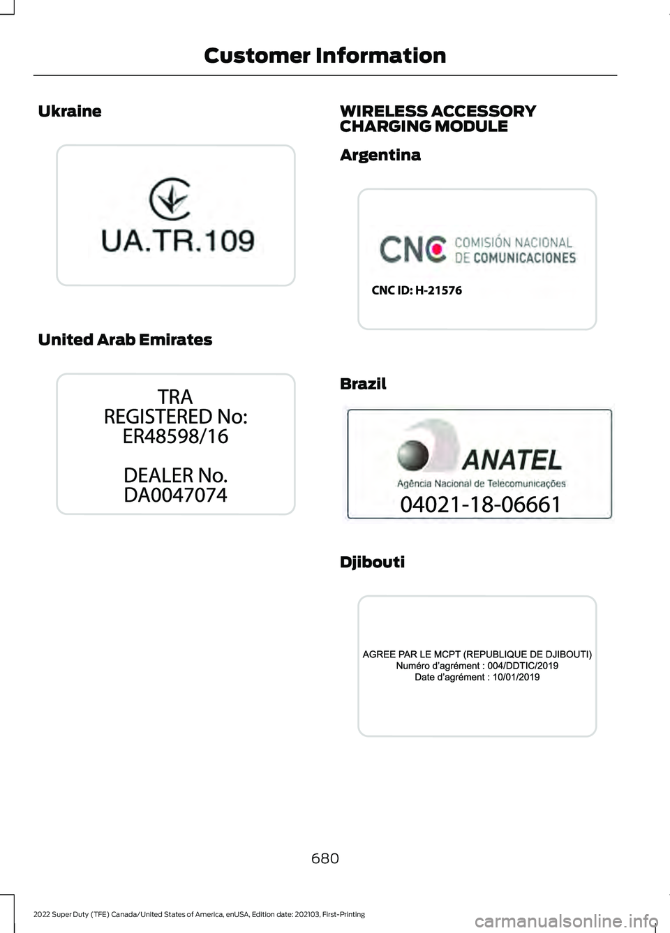 FORD F-450 2022 Owners Manual Ukraine
United Arab Emirates WIRELESS ACCESSORY
CHARGING MODULE
Argentina
Brazil
Djibouti
680
2022 Super Duty (TFE) Canada/United States of America, enUSA, Edition date: 202103, First-Printing Custome FORD F-450 2022 Owners Manual Ukraine
United Arab Emirates WIRELESS ACCESSORY
CHARGING MODULE
Argentina
Brazil
Djibouti
680
2022 Super Duty (TFE) Canada/United States of America, enUSA, Edition date: 202103, First-Printing Custome