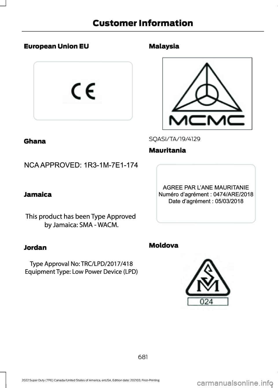 FORD F-450 2022 Owners Manual European Union EU
Ghana
Jamaica
Jordan Malaysia
SQASI/TA/19/4129
Mauritania
Moldova
681
2022 Super Duty (TFE) Canada/United States of America, enUSA, Edition date: 202103, First-Printing Customer Info FORD F-450 2022 Owners Manual European Union EU
Ghana
Jamaica
Jordan Malaysia
SQASI/TA/19/4129
Mauritania
Moldova
681
2022 Super Duty (TFE) Canada/United States of America, enUSA, Edition date: 202103, First-Printing Customer Info