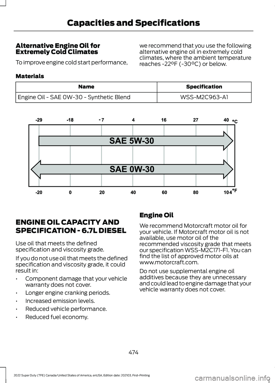 FORD F-550 2022 Owners Manual Alternative Engine Oil for
Extremely Cold Climates
To improve engine cold start performance,
we recommend that you use the following
alternative engine oil in extremely cold
climates, where the ambien FORD F-550 2022 Owners Manual Alternative Engine Oil for
Extremely Cold Climates
To improve engine cold start performance,
we recommend that you use the following
alternative engine oil in extremely cold
climates, where the ambien