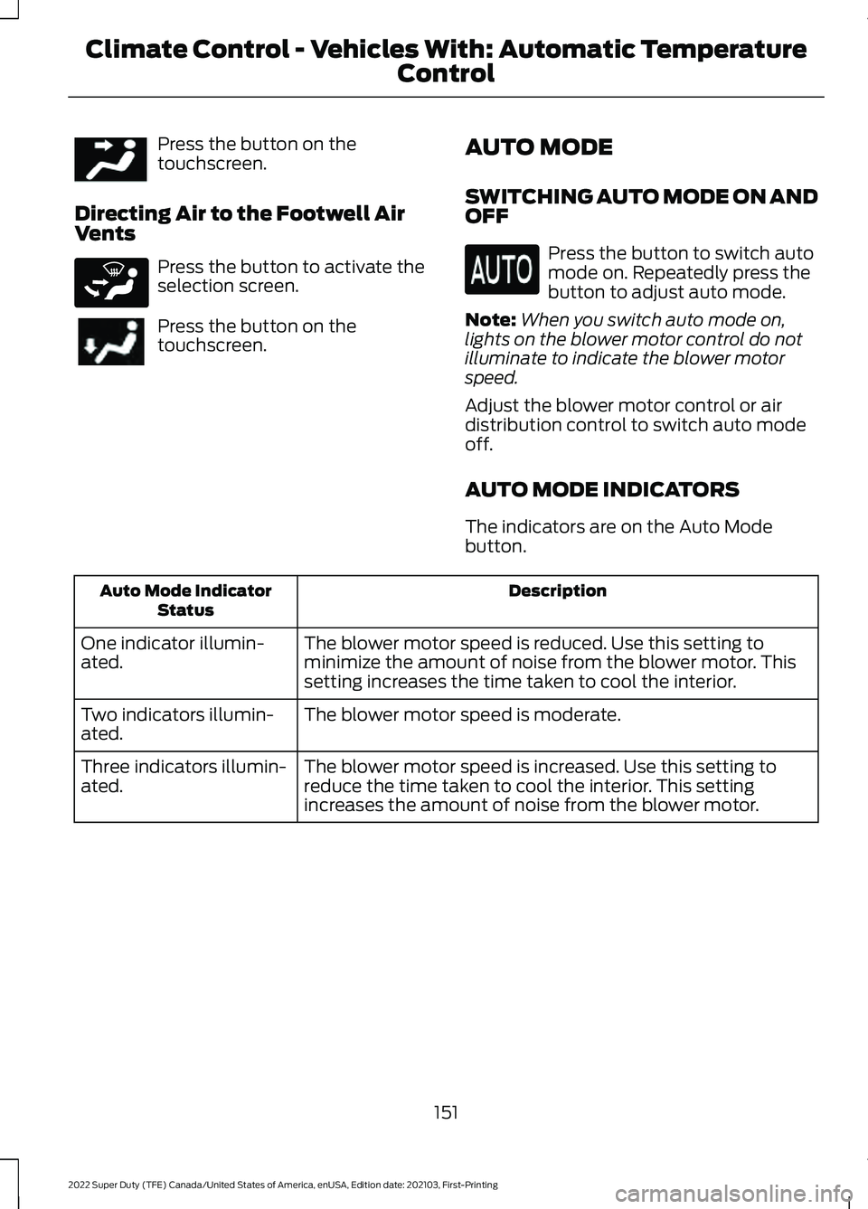 FORD F-600 2022  Owners Manual Press the button on the
touchscreen.
Directing Air to the Footwell Air
Vents Press the button to activate the
selection screen.
Press the button on the
touchscreen.
AUTO MODE
SWITCHING AUTO MODE ON AN