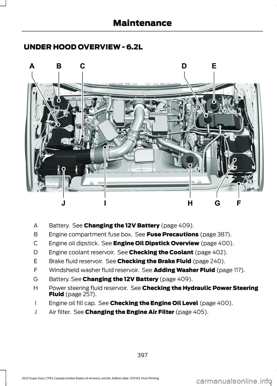 FORD F-600 2022 Owners Manual UNDER HOOD OVERVIEW - 6.2L
Battery. See Changing the 12V Battery (page 409).
A
Engine compartment fuse box. See
Fuse Precautions (page 387).
B
Engine oil dipstick. See
Engine Oil Dipstick Overvie FORD F-600 2022 Owners Manual UNDER HOOD OVERVIEW - 6.2L
Battery. See Changing the 12V Battery (page 409).
A
Engine compartment fuse box. See
Fuse Precautions (page 387).
B
Engine oil dipstick. See
Engine Oil Dipstick Overvie