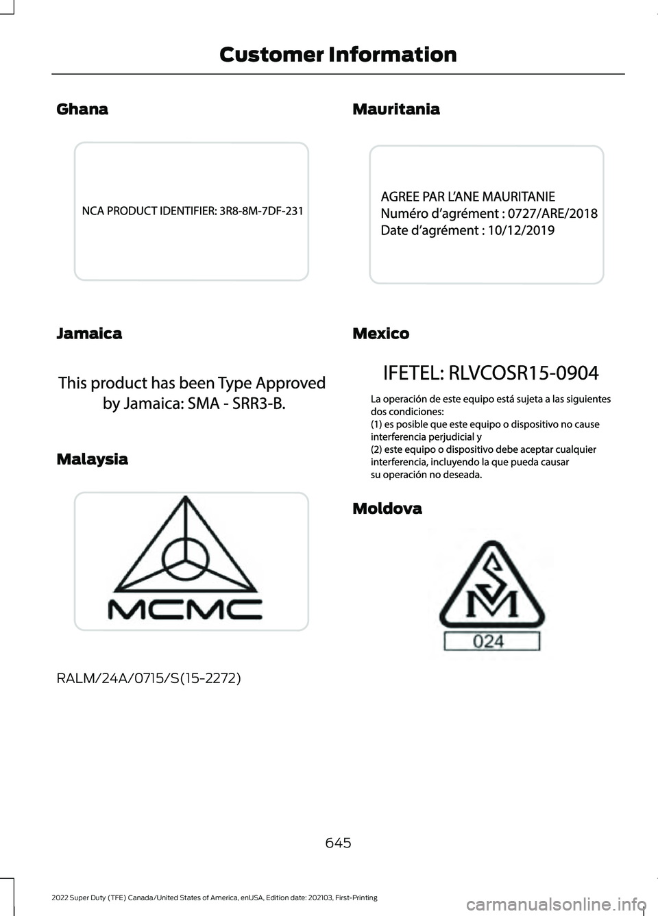 FORD F-600 2022 Owners Manual Ghana
Jamaica
Malaysia
RALM/24A/0715/S(15-2272) Mauritania
Mexico
Moldova
645
2022 Super Duty (TFE) Canada/United States of America, enUSA, Edition date: 202103, First-Printing Customer InformationE26 FORD F-600 2022 Owners Manual Ghana
Jamaica
Malaysia
RALM/24A/0715/S(15-2272) Mauritania
Mexico
Moldova
645
2022 Super Duty (TFE) Canada/United States of America, enUSA, Edition date: 202103, First-Printing Customer InformationE26