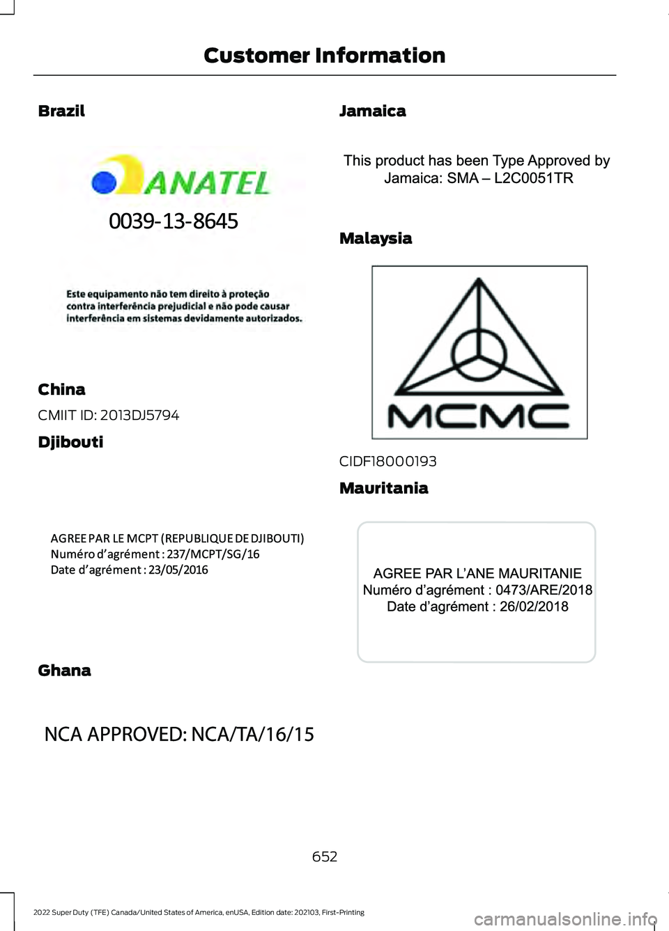 FORD F-600 2022  Owners Manual Brazil
China
CMIIT ID: 2013DJ5794
Djibouti
Ghana Jamaica
Malaysia
CIDF18000193
Mauritania
652
2022 Super Duty (TFE) Canada/United States of America, enUSA, Edition date: 202103, First-Printing Custome