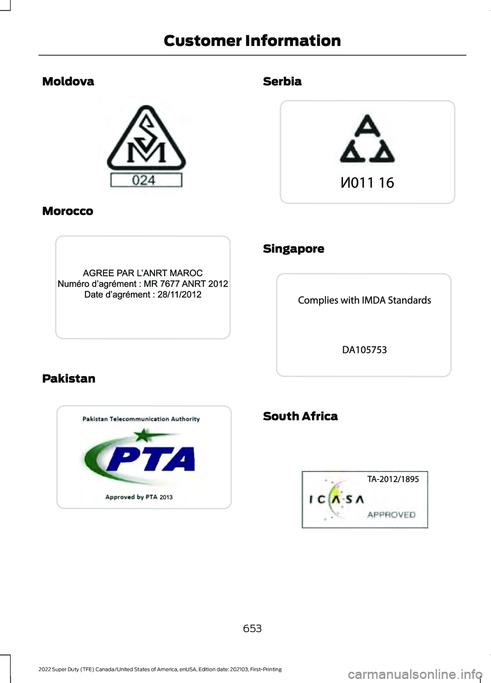 FORD F-600 2022  Owners Manual Moldova
Morocco
Pakistan Serbia
Singapore
South Africa
653
2022 Super Duty (TFE) Canada/United States of America, enUSA, Edition date: 202103, First-Printing Customer InformationE337971  E340811  E340