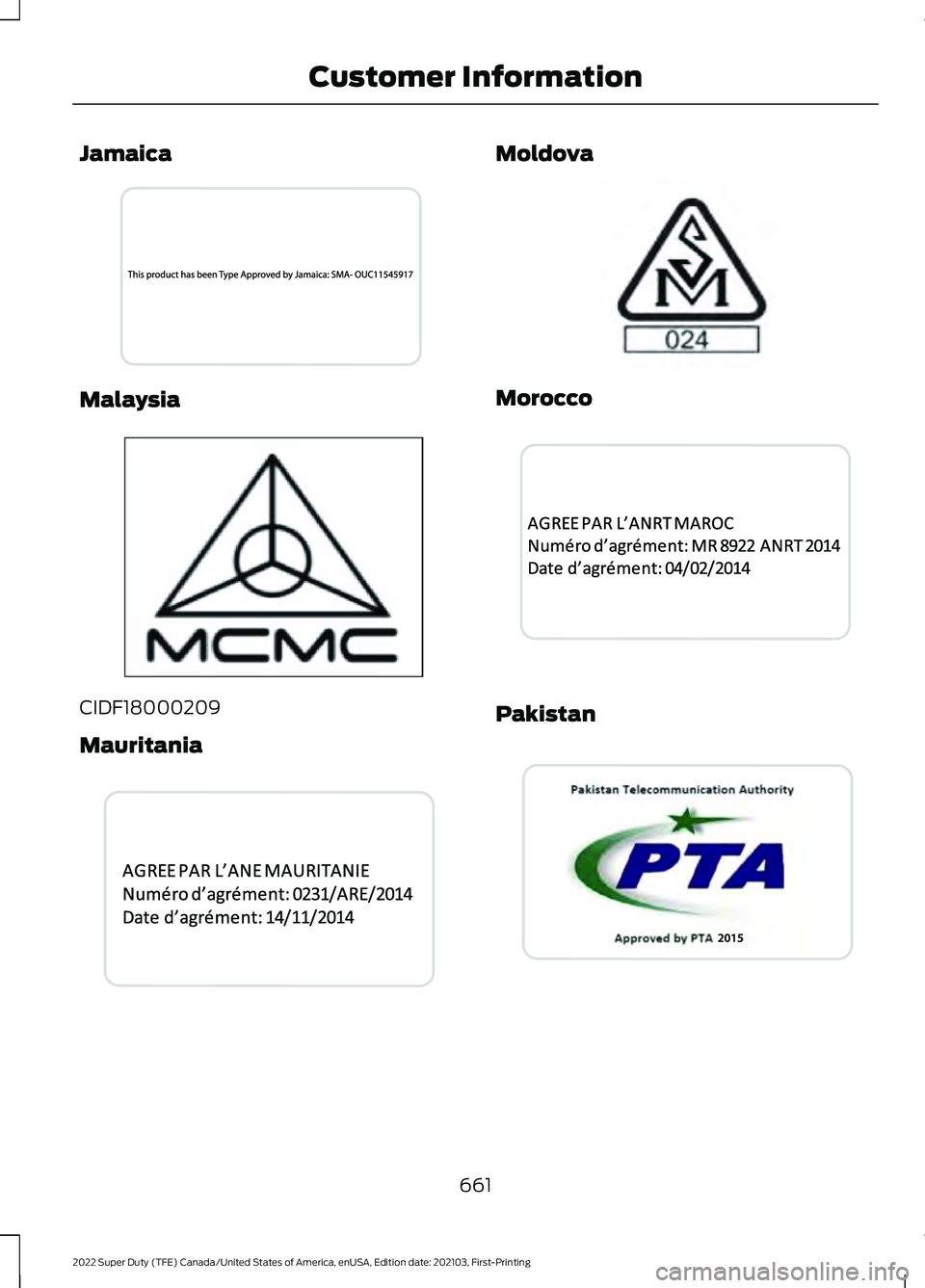 FORD F-600 2022  Owners Manual Jamaica
Malaysia
CIDF18000209
Mauritania Moldova
Morocco
Pakistan
661
2022 Super Duty (TFE) Canada/United States of America, enUSA, Edition date: 202103, First-Printing Customer InformationE274067  E3