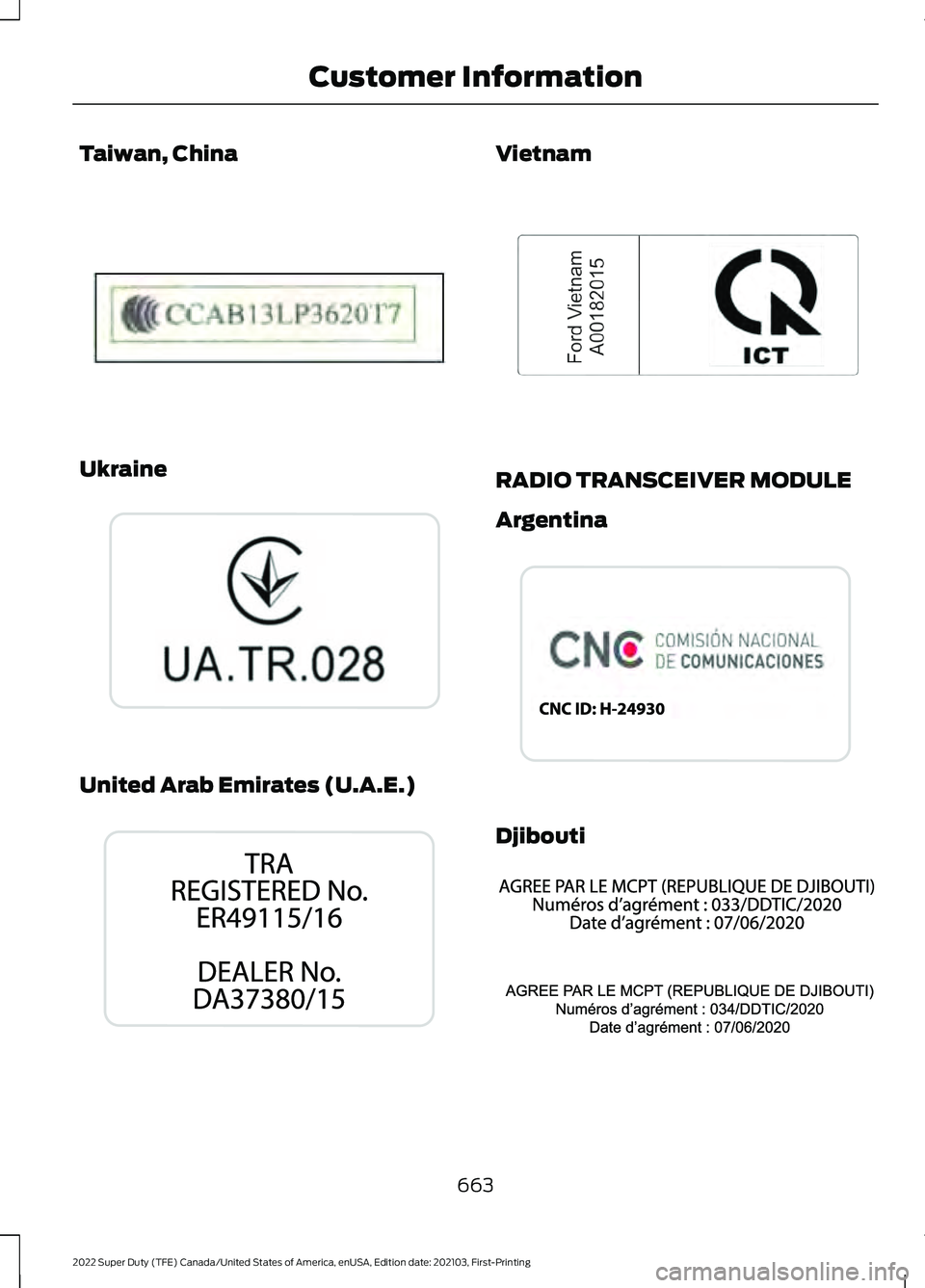 FORD F-600 2022  Owners Manual Taiwan, China
Ukraine
United Arab Emirates (U.A.E.) Vietnam
RADIO TRANSCEIVER MODULE
Argentina
Djibouti
663
2022 Super Duty (TFE) Canada/United States of America, enUSA, Edition date: 202103, First-Pr