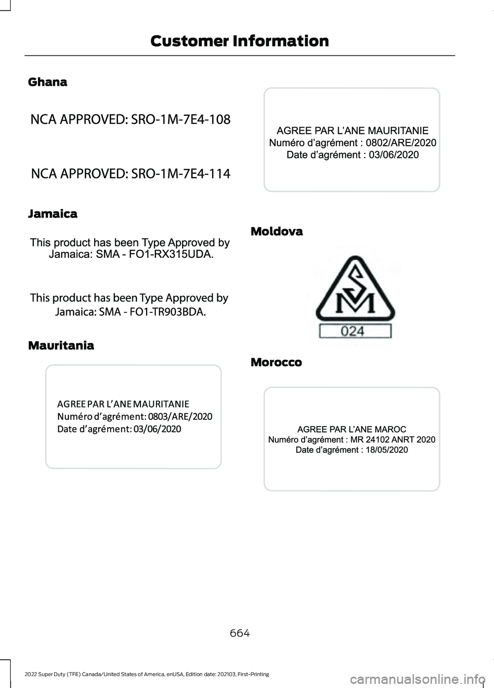 FORD F-600 2022  Owners Manual Ghana
Jamaica
Mauritania Moldova
Morocco
664
2022 Super Duty (TFE) Canada/United States of America, enUSA, Edition date: 202103, First-Printing Customer InformationE340644  E340645  E340640  E340197  