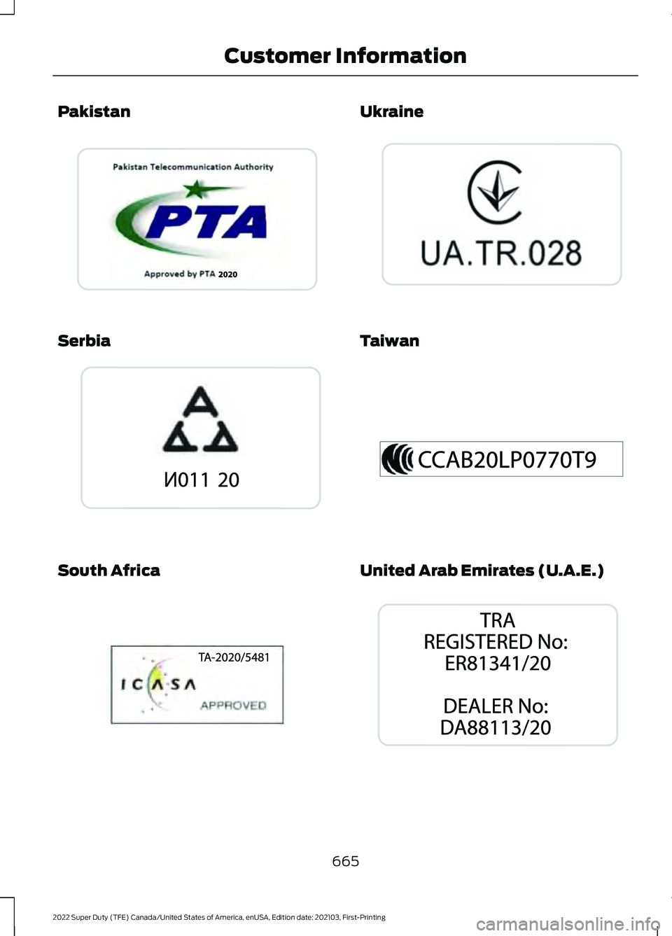 FORD F-600 2022  Owners Manual Pakistan
Serbia
South Africa Ukraine
Taiwan
United Arab Emirates (U.A.E.)
665
2022 Super Duty (TFE) Canada/United States of America, enUSA, Edition date: 202103, First-Printing Customer InformationE34