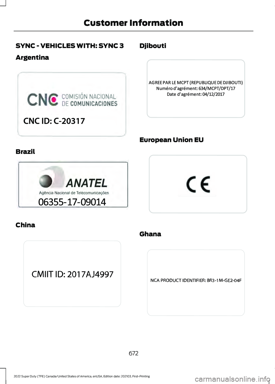 FORD F-600 2022  Owners Manual SYNC - VEHICLES WITH: SYNC 3
Argentina
Brazil
China Djibouti
European Union EU
Ghana
672
2022 Super Duty (TFE) Canada/United States of America, enUSA, Edition date: 202103, First-Printing Customer Inf