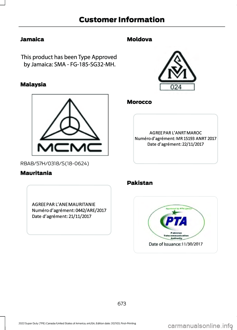 FORD F-600 2022  Owners Manual Jamaica
Malaysia
RBAB/57H/0318/S(18-0624)
Mauritania Moldova
Morocco
Pakistan
673
2022 Super Duty (TFE) Canada/United States of America, enUSA, Edition date: 202103, First-Printing Customer Informatio