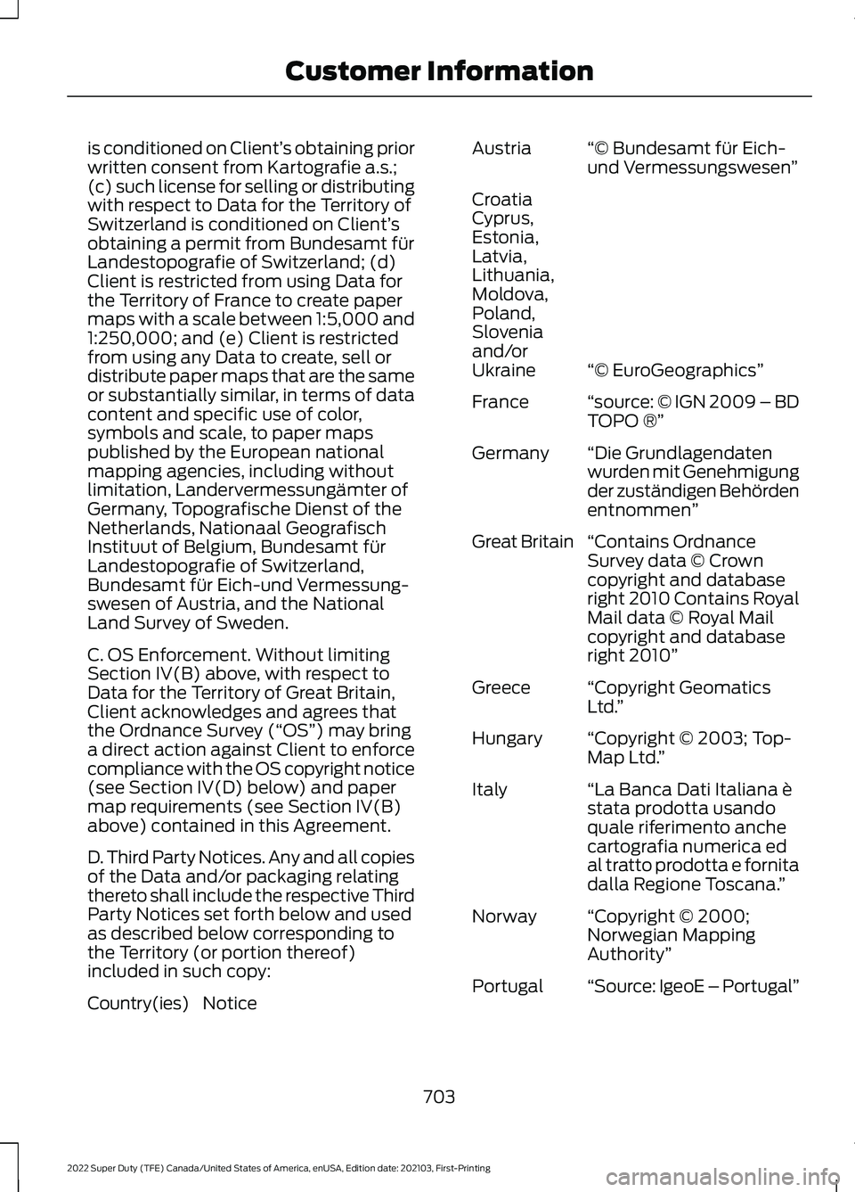 FORD F-600 2022 Owners Manual is conditioned on Client’
s obtaining prior
written consent from Kartografie a.s.;
(c) such license for selling or distributing
with respect to Data for the Territory of
Switzerland is conditioned o FORD F-600 2022 Owners Manual is conditioned on Client’
s obtaining prior
written consent from Kartografie a.s.;
(c) such license for selling or distributing
with respect to Data for the Territory of
Switzerland is conditioned o