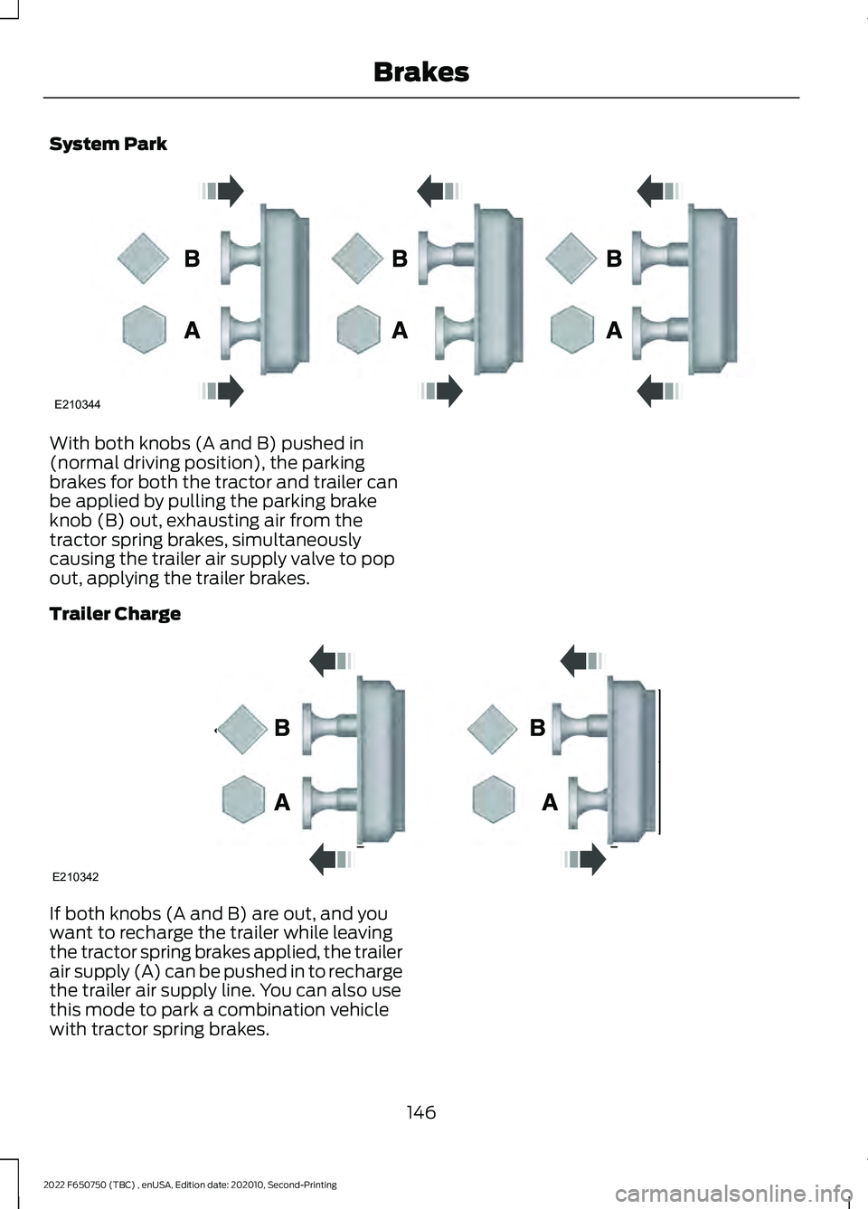 FORD F-650/750 2022 Owners Manual System Park
With both knobs (A and B) pushed in
(normal driving position), the parking
brakes for both the tractor and trailer can
be applied by pulling the parking brake
knob (B) out, exhausting air FORD F-650/750 2022 Owners Manual System Park
With both knobs (A and B) pushed in
(normal driving position), the parking
brakes for both the tractor and trailer can
be applied by pulling the parking brake
knob (B) out, exhausting air