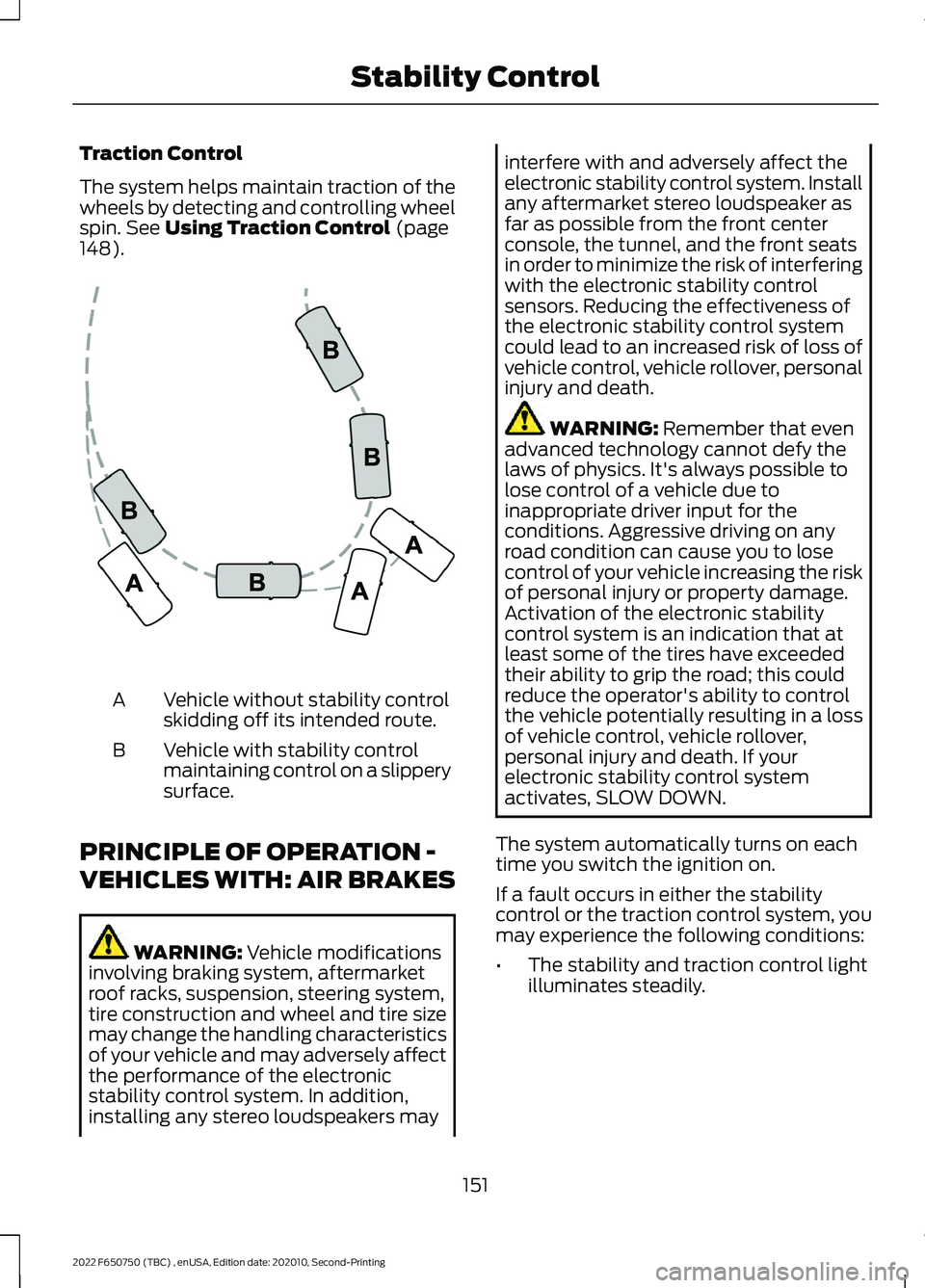 FORD F-650/750 2022 User Guide Traction Control
The system helps maintain traction of the
wheels by detecting and controlling wheel
spin. See Using Traction Control (page
148). Vehicle without stability control
skidding off its int FORD F-650/750 2022 User Guide Traction Control
The system helps maintain traction of the
wheels by detecting and controlling wheel
spin. See Using Traction Control (page
148). Vehicle without stability control
skidding off its int