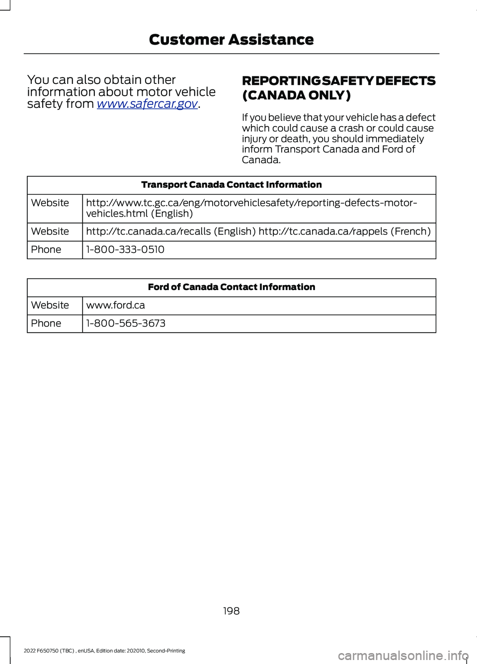FORD F-650/750 2022 Owners Manual You can also obtain other
information about motor vehicle
safety from www
.s a f er c ar .g o v .
REPORTING SAFETY DEFECTS
(CANADA ONLY)
If you believe that your vehicle has a defect
which could cause FORD F-650/750 2022 Owners Manual You can also obtain other
information about motor vehicle
safety from www
.s a f er c ar .g o v .
REPORTING SAFETY DEFECTS
(CANADA ONLY)
If you believe that your vehicle has a defect
which could cause
