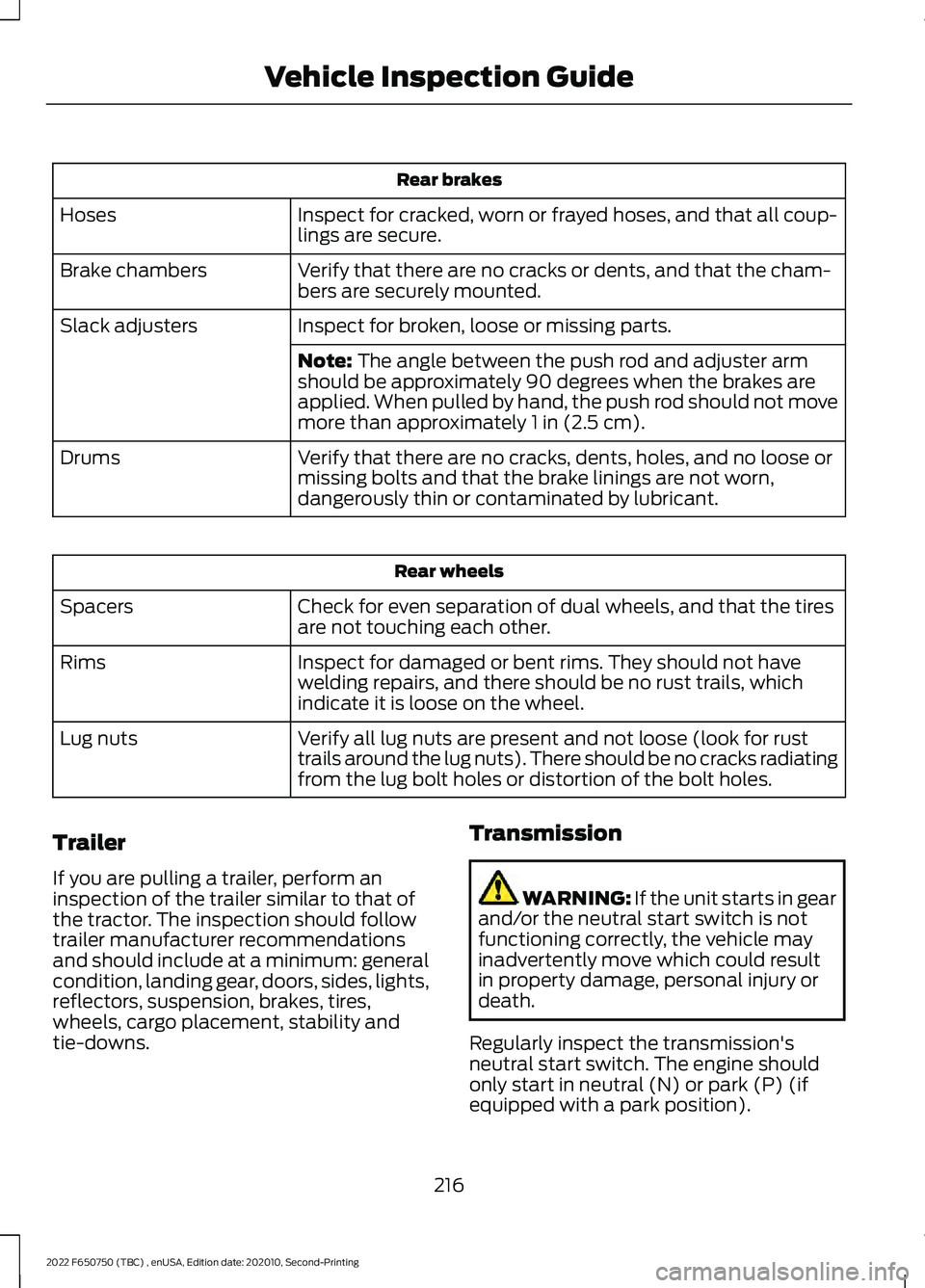 FORD F-650/750 2022 User Guide Rear brakes
Inspect for cracked, worn or frayed hoses, and that all coup-
lings are secure.
Hoses
Verify that there are no cracks or dents, and that the cham-
bers are securely mounted.
Brake chambers FORD F-650/750 2022 User Guide Rear brakes
Inspect for cracked, worn or frayed hoses, and that all coup-
lings are secure.
Hoses
Verify that there are no cracks or dents, and that the cham-
bers are securely mounted.
Brake chambers