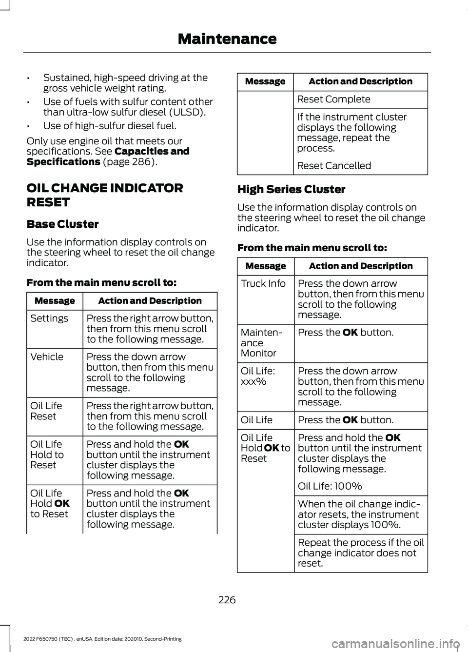 FORD F-650/750 2022  Owners Manual •
Sustained, high-speed driving at the
gross vehicle weight rating.
• Use of fuels with sulfur content other
than ultra-low sulfur diesel (ULSD).
• Use of high-sulfur diesel fuel.
Only use engin