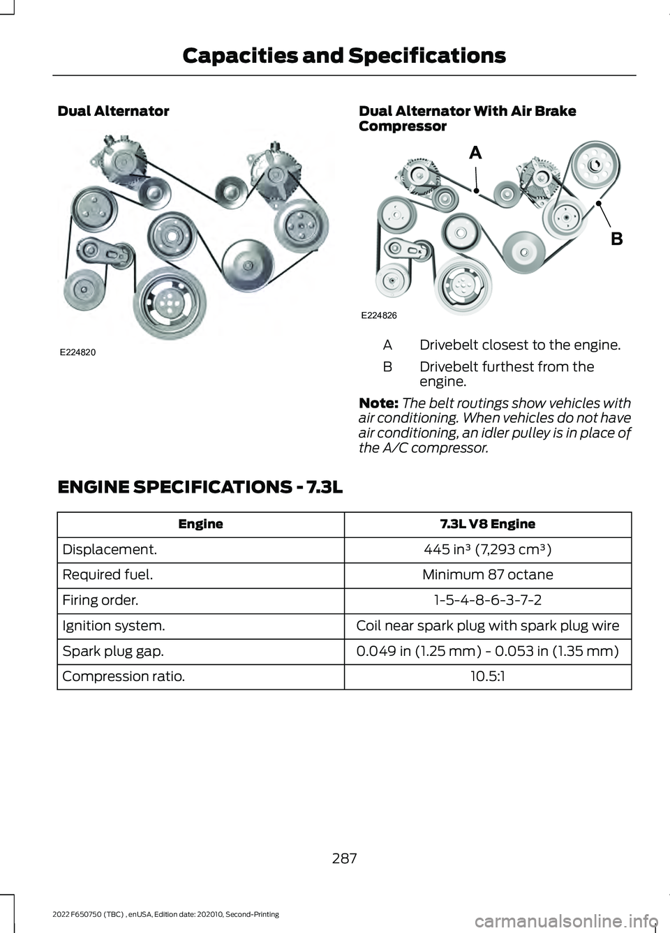 FORD F-650/750 2022 Owners Manual Dual Alternator Dual Alternator With Air Brake
Compressor
Drivebelt closest to the engine.
A
Drivebelt furthest from the
engine.
B
Note: The belt routings show vehicles with
air conditioning. When veh FORD F-650/750 2022 Owners Manual Dual Alternator Dual Alternator With Air Brake
Compressor
Drivebelt closest to the engine.
A
Drivebelt furthest from the
engine.
B
Note: The belt routings show vehicles with
air conditioning. When veh
