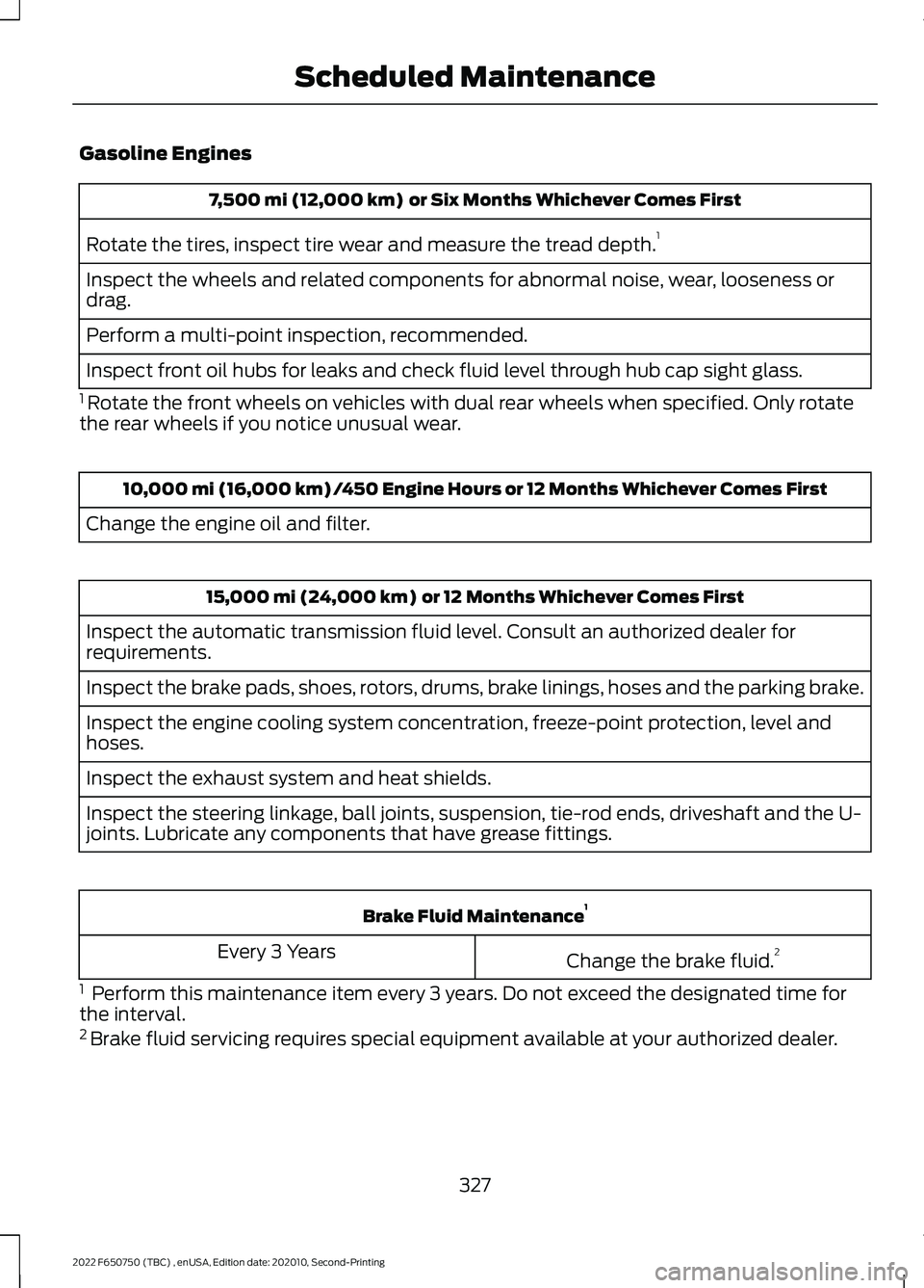 FORD F-650/750 2022 Owners Manual Gasoline Engines
7,500 mi (12,000 km) or Six Months Whichever Comes First
Rotate the tires, inspect tire wear and measure the tread depth. 1
Inspect the wheels and related components for abnormal noi FORD F-650/750 2022 Owners Manual Gasoline Engines
7,500 mi (12,000 km) or Six Months Whichever Comes First
Rotate the tires, inspect tire wear and measure the tread depth. 1
Inspect the wheels and related components for abnormal noi