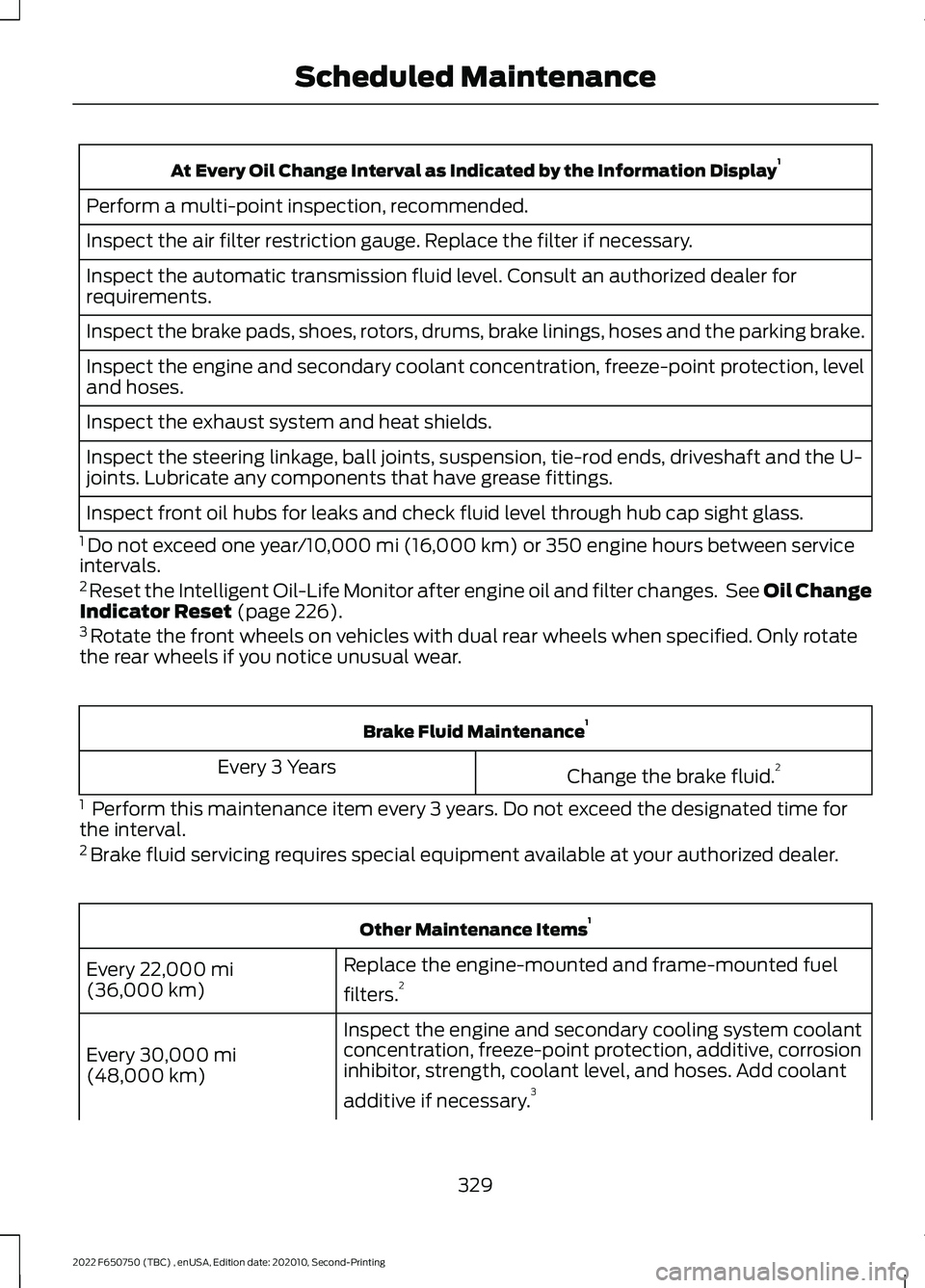 FORD F-650/750 2022  Owners Manual At Every Oil Change Interval as Indicated by the Information Display
1
Perform a multi-point inspection, recommended.
Inspect the air filter restriction gauge. Replace the filter if necessary.
Inspect