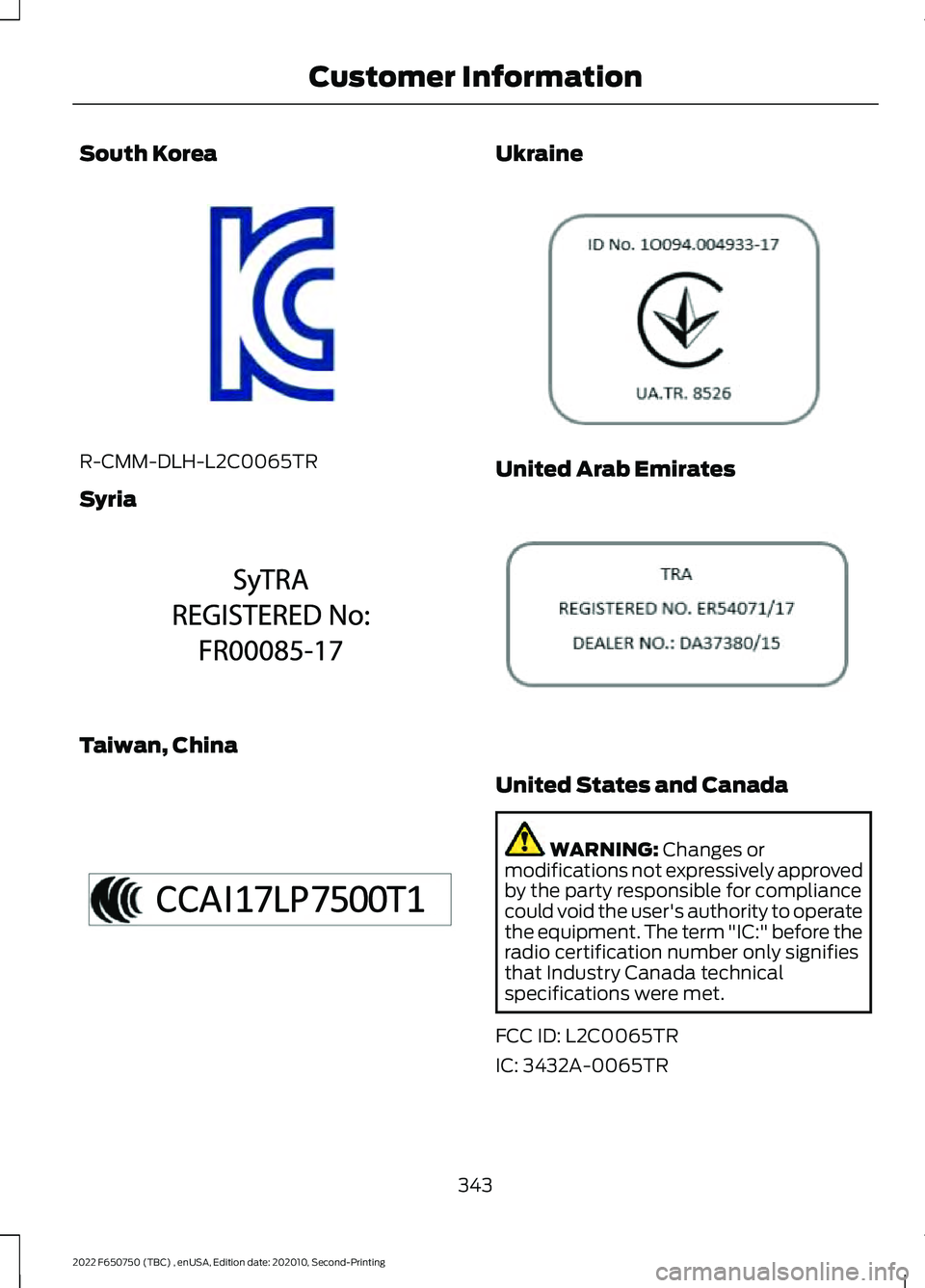 FORD F-650/750 2022 Owners Manual South Korea
R-CMM-DLH-L2C0065TR
Syria
Taiwan, China Ukraine
United Arab Emirates
United States and Canada
WARNING: Changes or
modifications not expressively approved
by the party responsible for compl FORD F-650/750 2022 Owners Manual South Korea
R-CMM-DLH-L2C0065TR
Syria
Taiwan, China Ukraine
United Arab Emirates
United States and Canada
WARNING: Changes or
modifications not expressively approved
by the party responsible for compl
