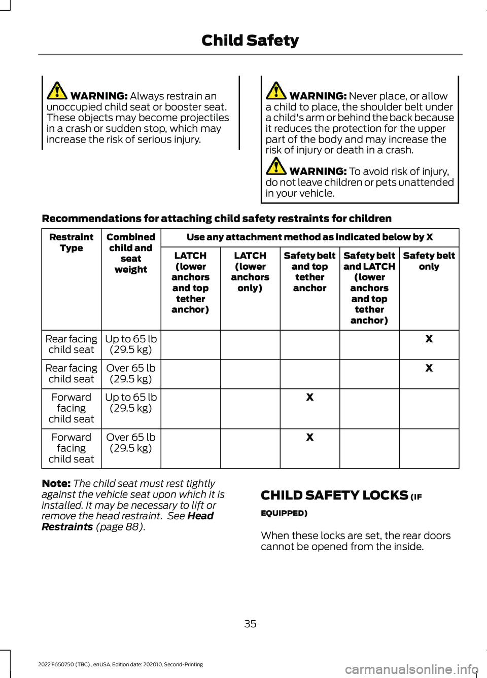 FORD F-650/750 2022 Owners Guide WARNING: Always restrain an
unoccupied child seat or booster seat.
These objects may become projectiles
in a crash or sudden stop, which may
increase the risk of serious injury. WARNING: Never place, FORD F-650/750 2022 Owners Guide WARNING: Always restrain an
unoccupied child seat or booster seat.
These objects may become projectiles
in a crash or sudden stop, which may
increase the risk of serious injury. WARNING: Never place,