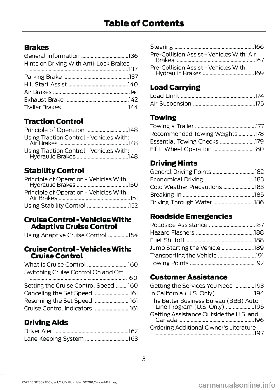 FORD F-650/750 2022 Owners Manual Brakes
General Information
...................................136
Hints on Driving With Anti-Lock Brakes ........................................................................\
.
137
Parking Brake . FORD F-650/750 2022 Owners Manual Brakes
General Information
...................................136
Hints on Driving With Anti-Lock Brakes ........................................................................\
.
137
Parking Brake .