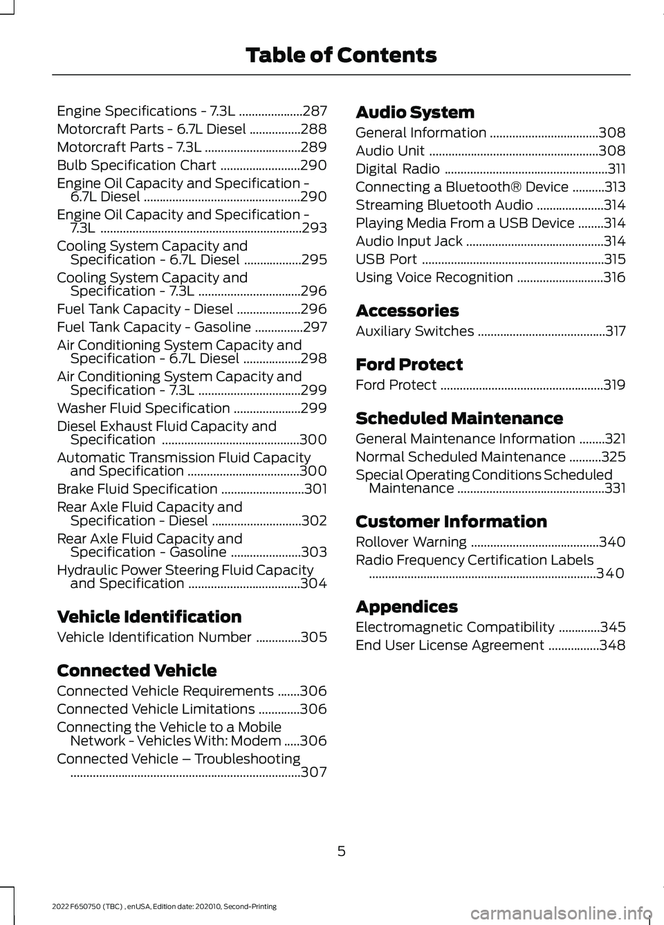 FORD F-650/750 2022 Owners Manual Engine Specifications - 7.3L
....................287
Motorcraft Parts - 6.7L Diesel ................
288
Motorcraft Parts - 7.3L ..............................
289
Bulb Specification Chart ........... FORD F-650/750 2022 Owners Manual Engine Specifications - 7.3L
....................287
Motorcraft Parts - 6.7L Diesel ................
288
Motorcraft Parts - 7.3L ..............................
289
Bulb Specification Chart ...........