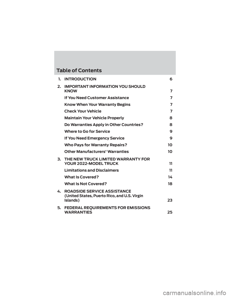 FORD F-650/750 2022  Warranty Guide Table of Contents
1. INTRODUCTION6
2.
IMPORTANT INFORMATION YOU SHOULD
KNOW
7
If You Need Customer Assistance 7
Know When Your Warranty Begins 7
Check Your Vehicle 7
Maintain Your Vehicle Properly 8
D