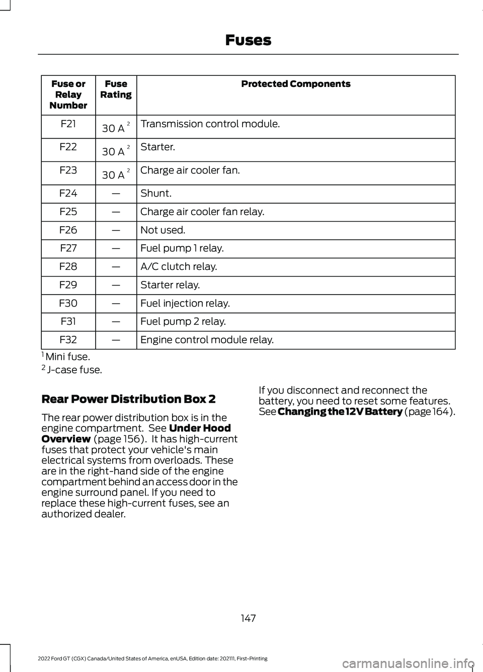 FORD GT 2022 Owners Manual Protected Components
Fuse
Rating
Fuse or
Relay
Number
Transmission control module.
30 A 2
F21
Starter.
30 A 2
F22
Charge air cooler fan.
30 A 2
F23
Shunt.
—
F24
Charge air cooler fan relay.
—
F25
FORD GT 2022 Owners Manual Protected Components
Fuse
Rating
Fuse or
Relay
Number
Transmission control module.
30 A 2
F21
Starter.
30 A 2
F22
Charge air cooler fan.
30 A 2
F23
Shunt.
—
F24
Charge air cooler fan relay.
—
F25
