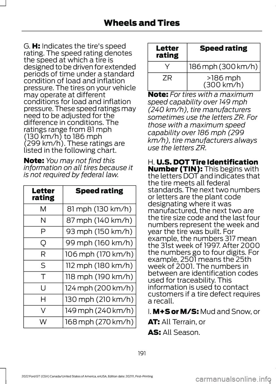 FORD GT 2022 Owners Manual G.
H: Indicates the tire's speed
rating. The speed rating denotes
the speed at which a tire is
designed to be driven for extended
periods of time under a standard
condition of load and inflation
p FORD GT 2022 Owners Manual G.
H: Indicates the tire's speed
rating. The speed rating denotes
the speed at which a tire is
designed to be driven for extended
periods of time under a standard
condition of load and inflation
p