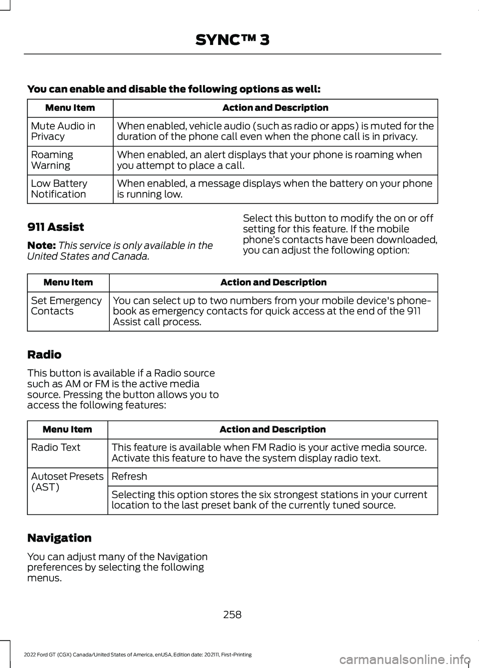 FORD GT 2022 Manual PDF You can enable and disable the following options as well:
Action and Description
Menu Item
When enabled, vehicle audio (such as radio or apps) is muted for the
duration of the phone call even when the FORD GT 2022 Manual PDF You can enable and disable the following options as well:
Action and Description
Menu Item
When enabled, vehicle audio (such as radio or apps) is muted for the
duration of the phone call even when the