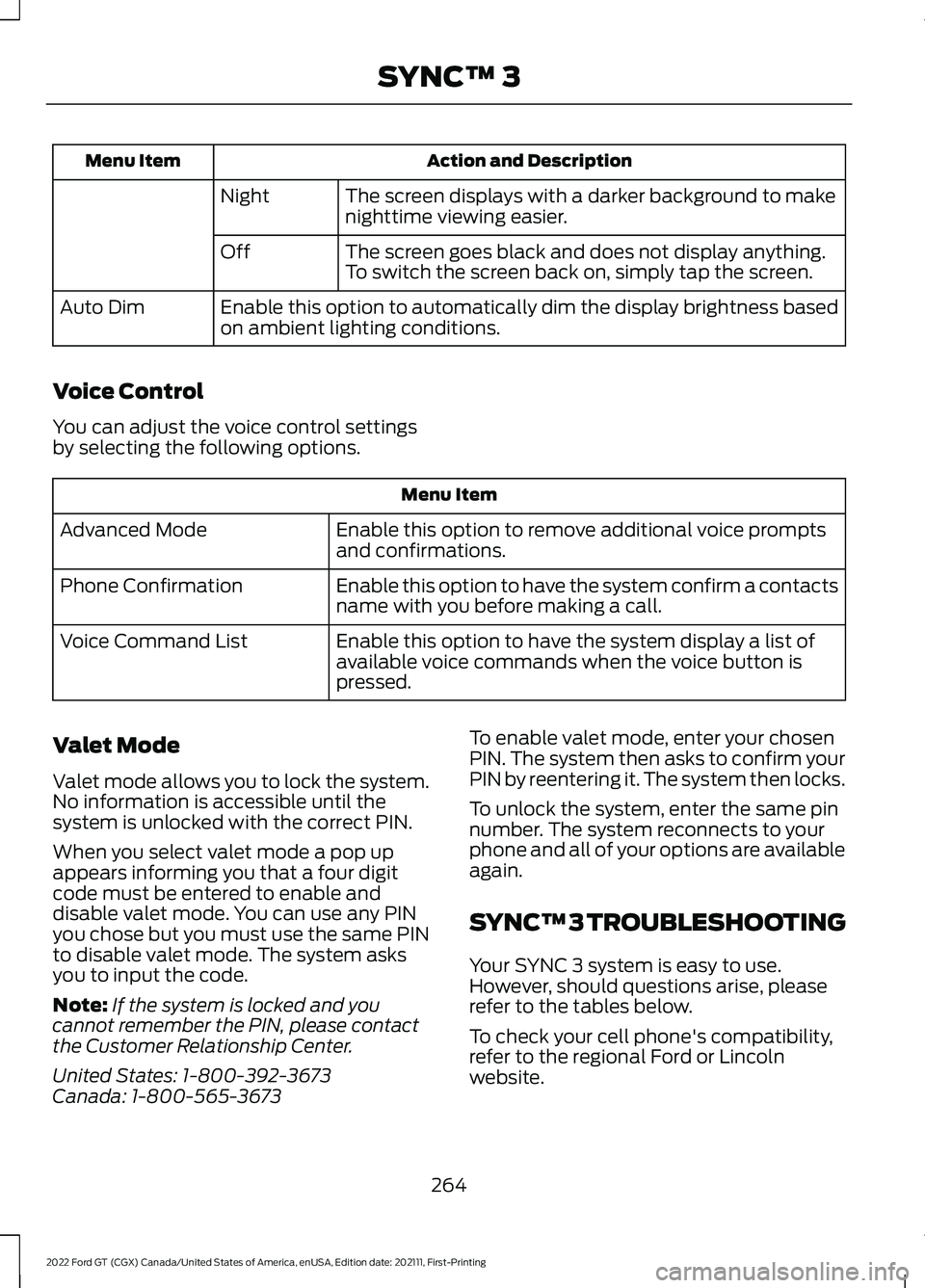 FORD GT 2022 Manual Online Action and Description
Menu Item
The screen displays with a darker background to make
nighttime viewing easier.
Night
The screen goes black and does not display anything.
To switch the screen back on, FORD GT 2022 Manual Online Action and Description
Menu Item
The screen displays with a darker background to make
nighttime viewing easier.
Night
The screen goes black and does not display anything.
To switch the screen back on,
