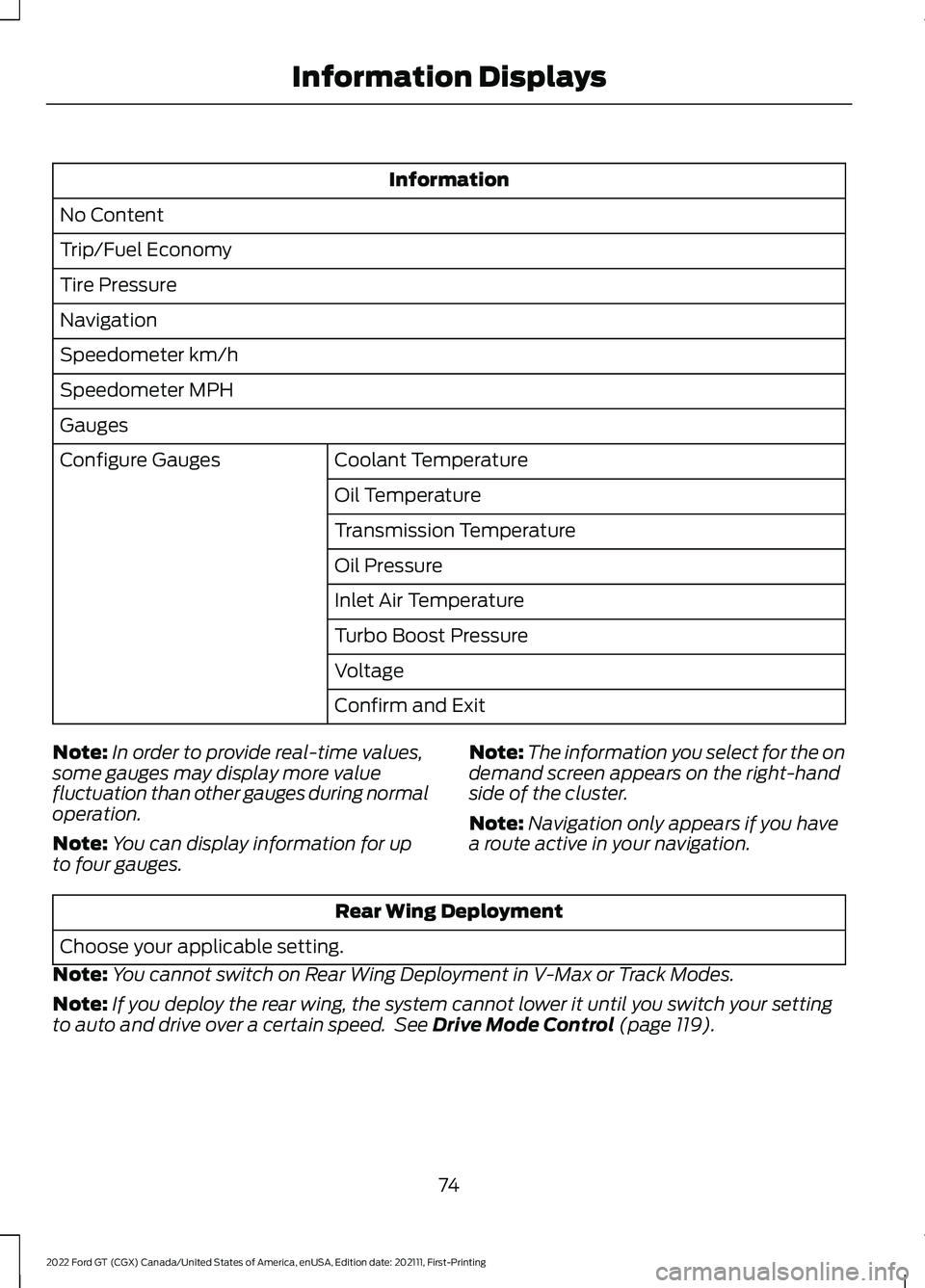 FORD GT 2022 Owners Manual Information
No Content
Trip/Fuel Economy
Tire Pressure
Navigation
Speedometer km/h
Speedometer MPH
Gauges Coolant Temperature
Configure Gauges
Oil Temperature
Transmission Temperature
Oil Pressure
Inl FORD GT 2022 Owners Manual Information
No Content
Trip/Fuel Economy
Tire Pressure
Navigation
Speedometer km/h
Speedometer MPH
Gauges Coolant Temperature
Configure Gauges
Oil Temperature
Transmission Temperature
Oil Pressure
Inl