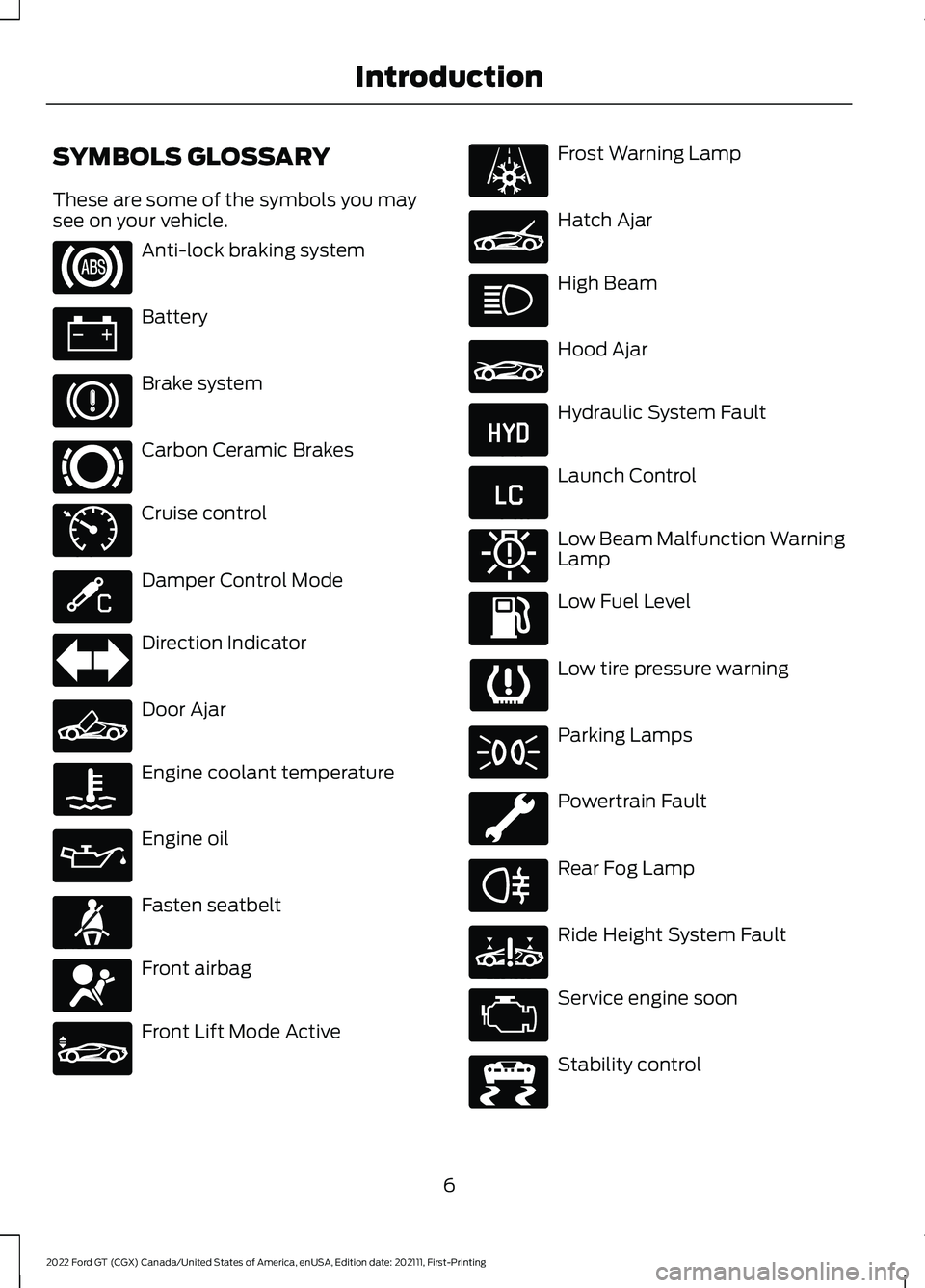 FORD GT 2022  Owners Manual SYMBOLS GLOSSARY
These are some of the symbols you may
see on your vehicle.
Anti-lock braking system
Battery
Brake system
Carbon Ceramic Brakes
Cruise control
Damper Control Mode
Direction Indicator
D