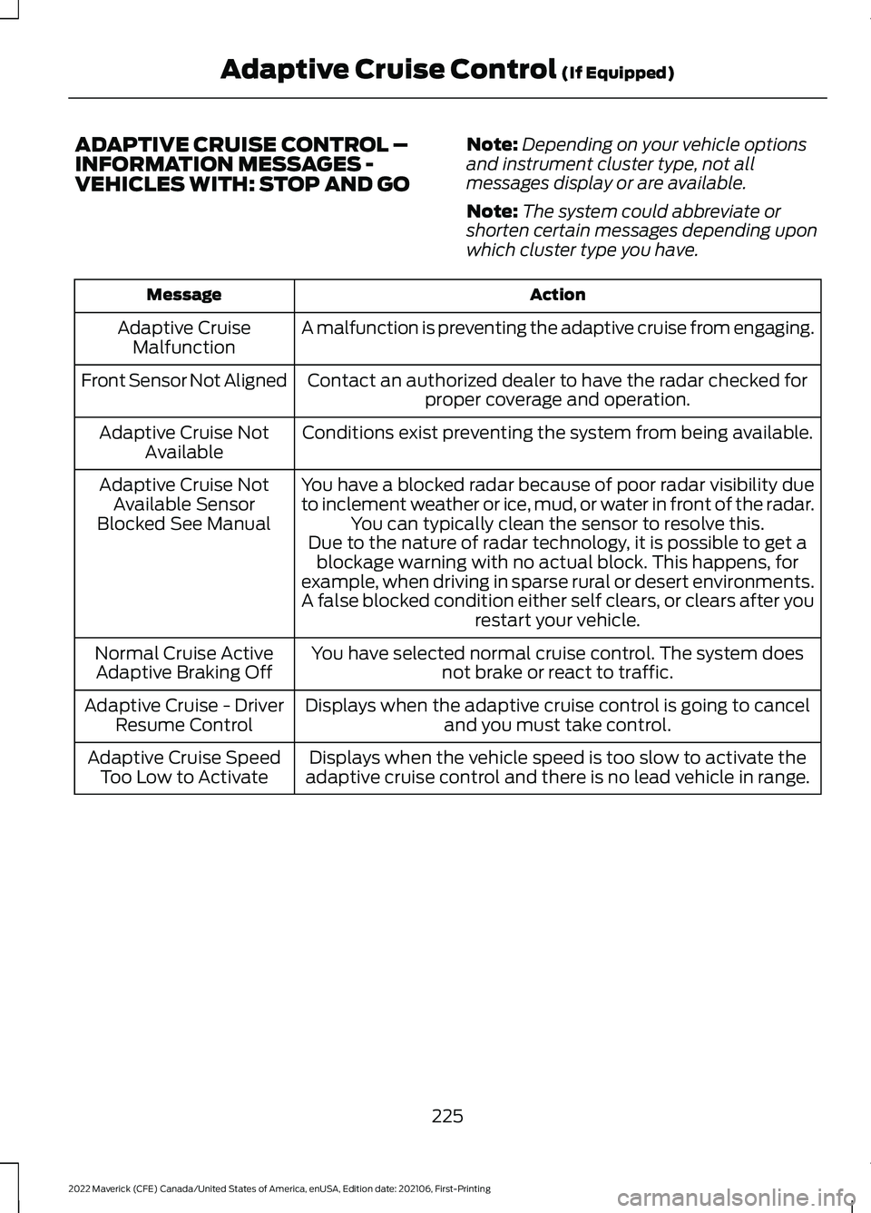 FORD MAVERICK 2022 Owners Manual ADAPTIVE CRUISE CONTROL –
INFORMATION MESSAGES -
VEHICLES WITH: STOP AND GO
Note:
Depending on your vehicle options
and instrument cluster type, not all
messages display or are available.
Note: The FORD MAVERICK 2022 Owners Manual ADAPTIVE CRUISE CONTROL –
INFORMATION MESSAGES -
VEHICLES WITH: STOP AND GO
Note:
Depending on your vehicle options
and instrument cluster type, not all
messages display or are available.
Note: The