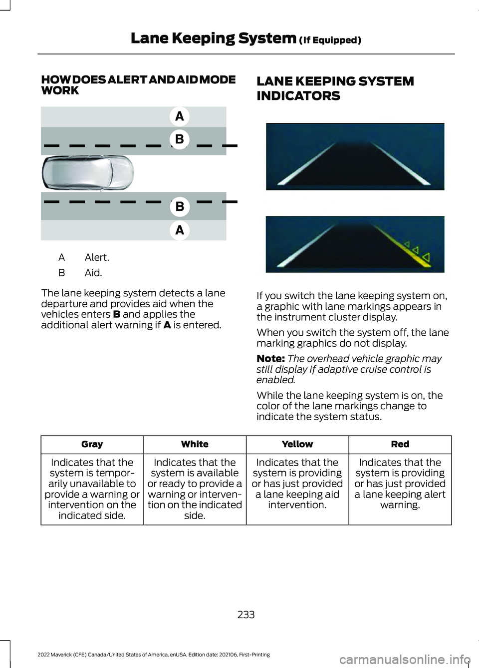 FORD MAVERICK 2022 Owners Manual HOW DOES ALERT AND AID MODE
WORK
Alert.
A
Aid.B
The lane keeping system detects a lane
departure and provides aid when the
vehicles enters B and applies the
additional alert warning if A is entered. L FORD MAVERICK 2022 Owners Manual HOW DOES ALERT AND AID MODE
WORK
Alert.
A
Aid.B
The lane keeping system detects a lane
departure and provides aid when the
vehicles enters B and applies the
additional alert warning if A is entered. L