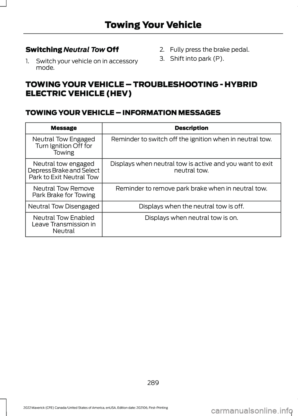 FORD MAVERICK 2022 Owners Manual Switching Neutral Tow Off
1. Switch your vehicle on in accessory mode. 2. Fully press the brake pedal.
3. Shift into park (P).
TOWING YOUR VEHICLE – TROUBLESHOOTING - HYBRID
ELECTRIC VEHICLE (HEV)
T FORD MAVERICK 2022 Owners Manual Switching Neutral Tow Off
1. Switch your vehicle on in accessory mode. 2. Fully press the brake pedal.
3. Shift into park (P).
TOWING YOUR VEHICLE – TROUBLESHOOTING - HYBRID
ELECTRIC VEHICLE (HEV)
T