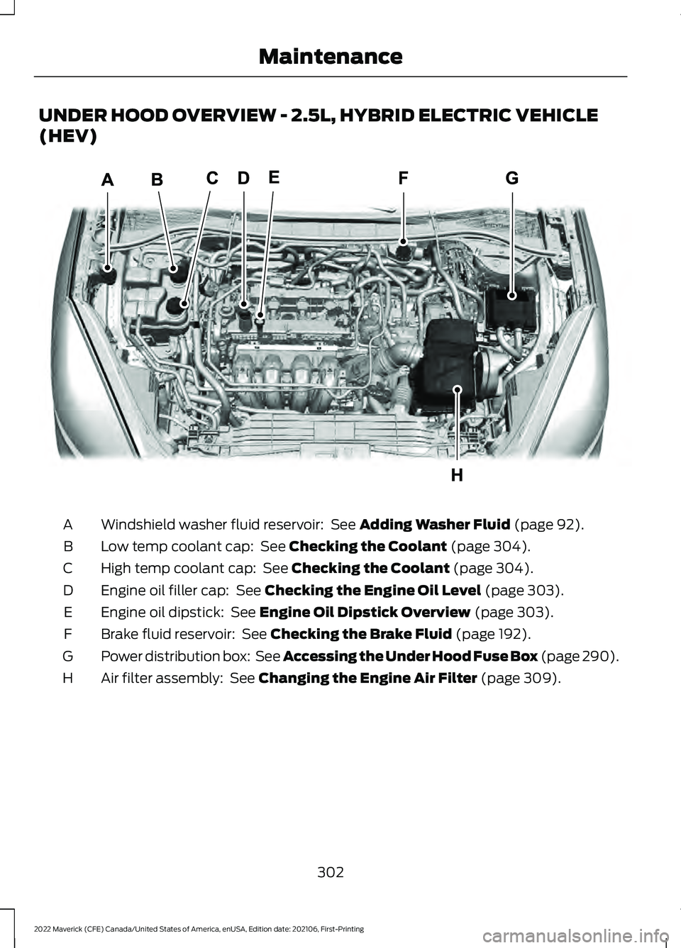 FORD MAVERICK 2022  Owners Manual UNDER HOOD OVERVIEW - 2.5L, HYBRID ELECTRIC VEHICLE
(HEV)
Windshield washer fluid reservoir:  See Adding Washer Fluid (page 92).
A
Low temp coolant cap: 
 See Checking the Coolant (page 304).
B
High t